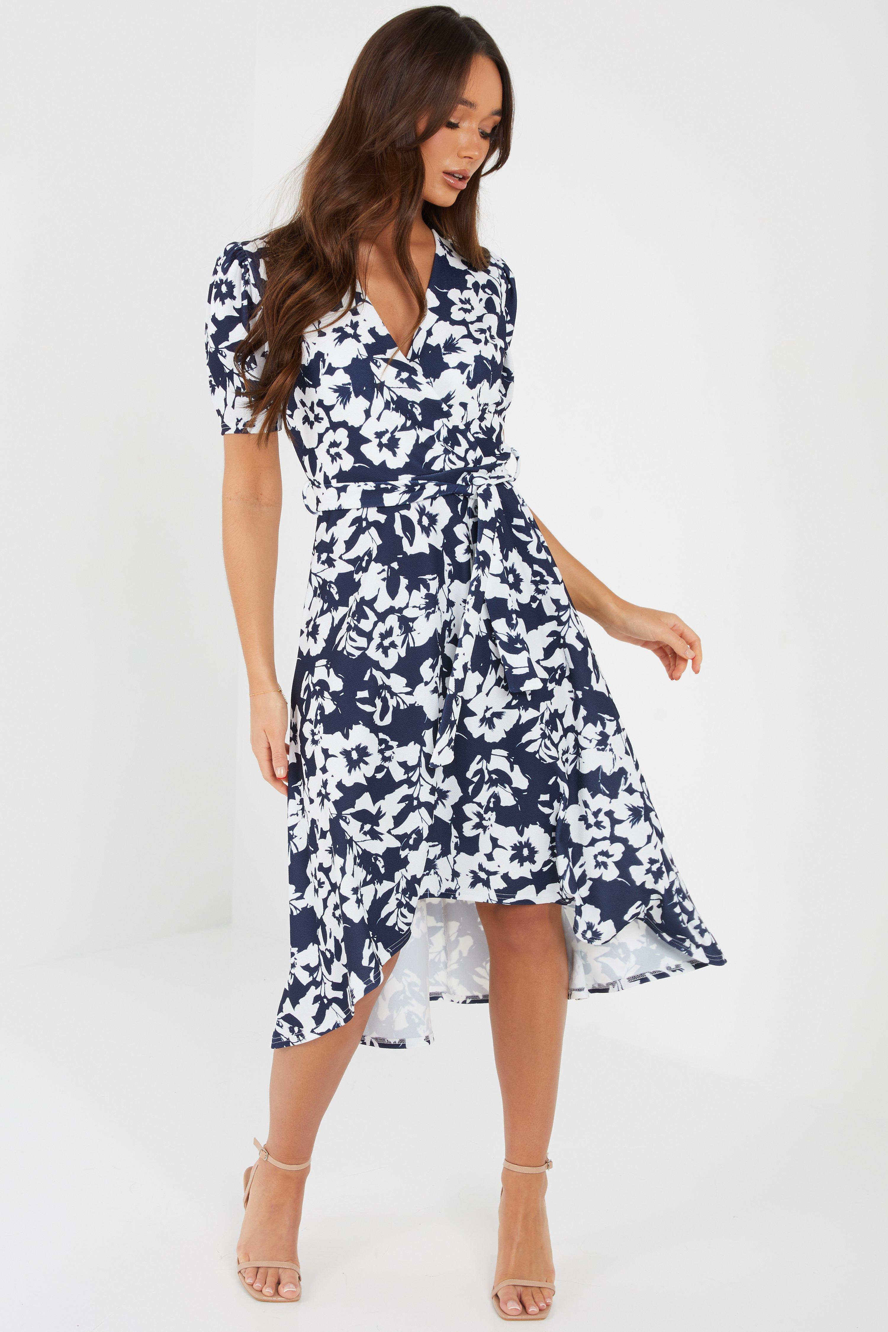 Navy Floral Dip Hem Midi Dress