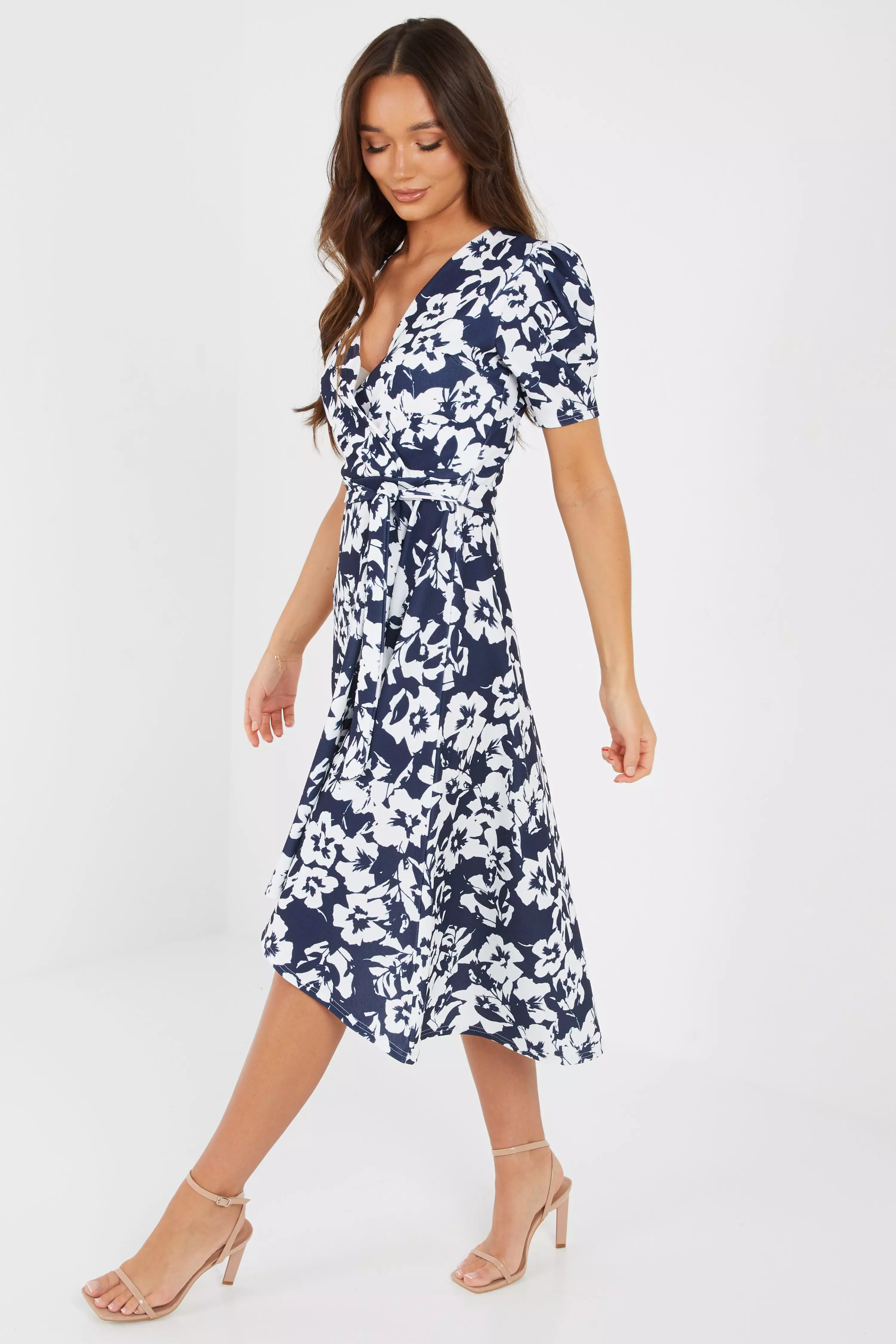 Navy Floral Dip Hem Midi Dress QUIZ Clothing