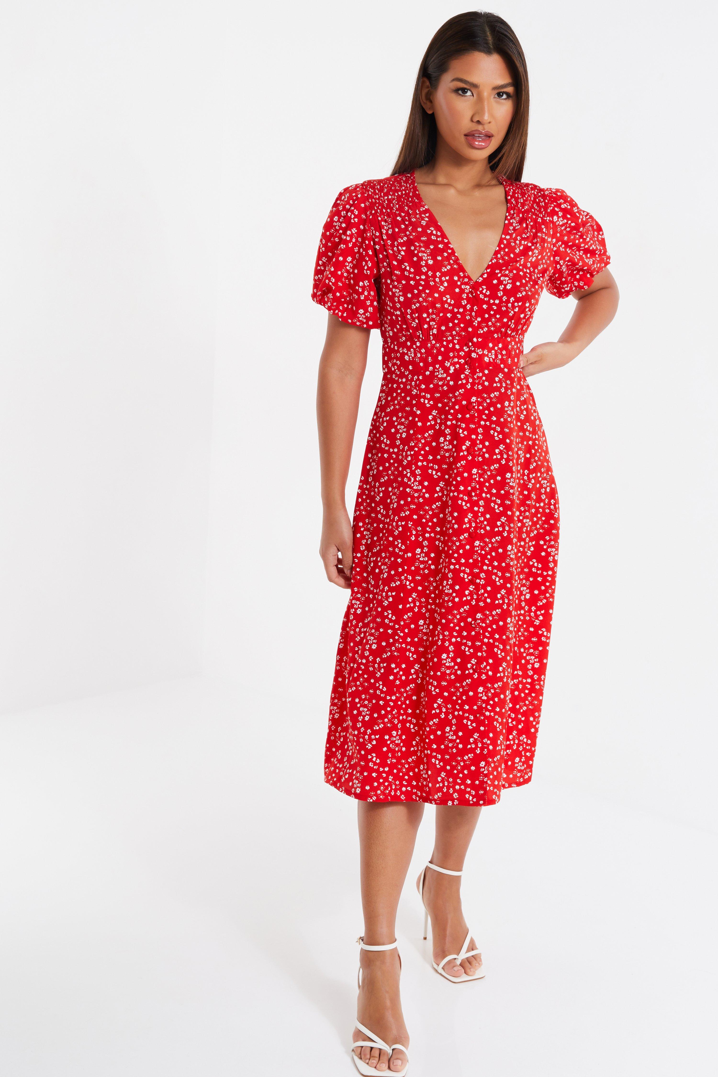 Red Ditsy Floral Midi Dress