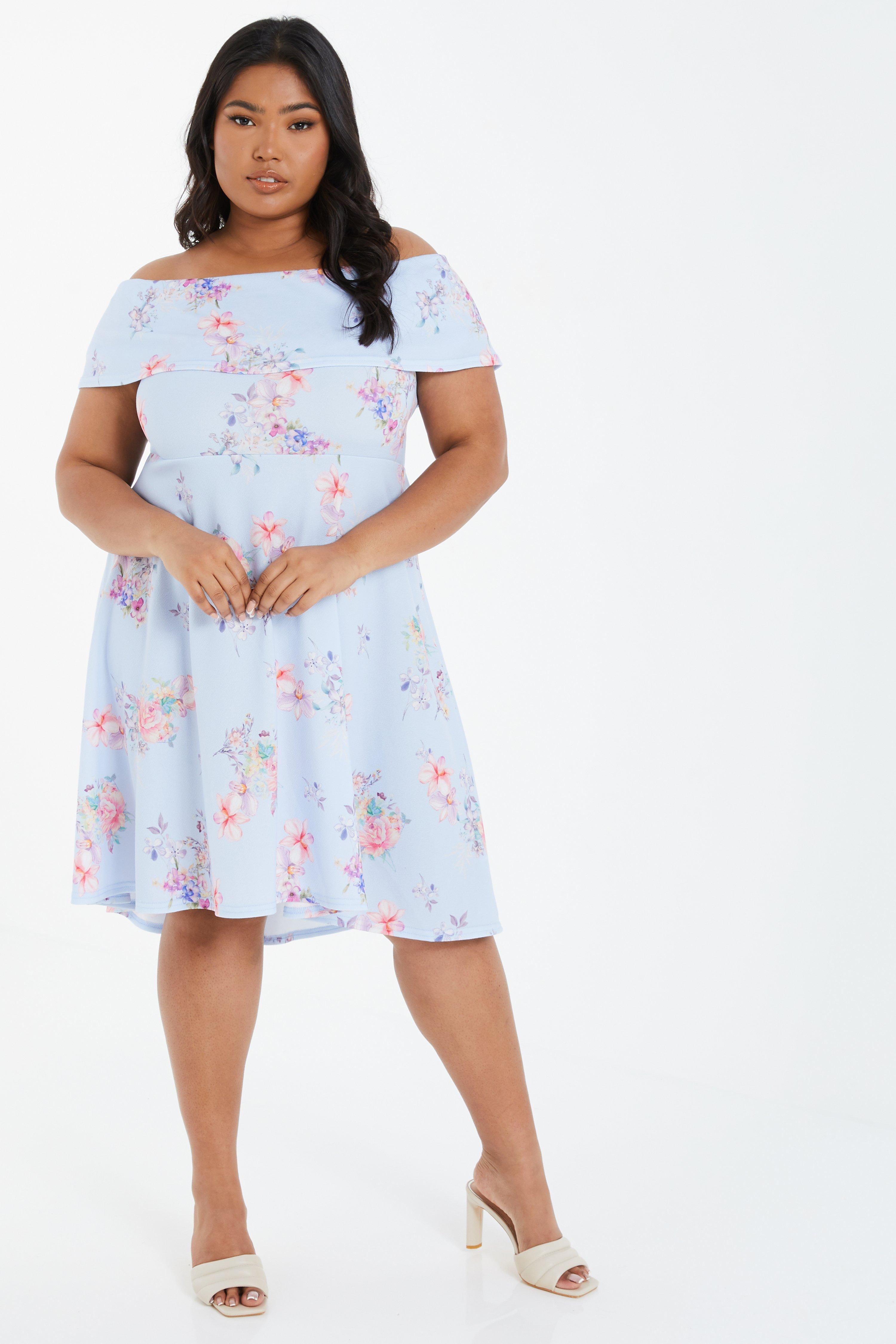 Curve Blue Floral Print Bardot Dress