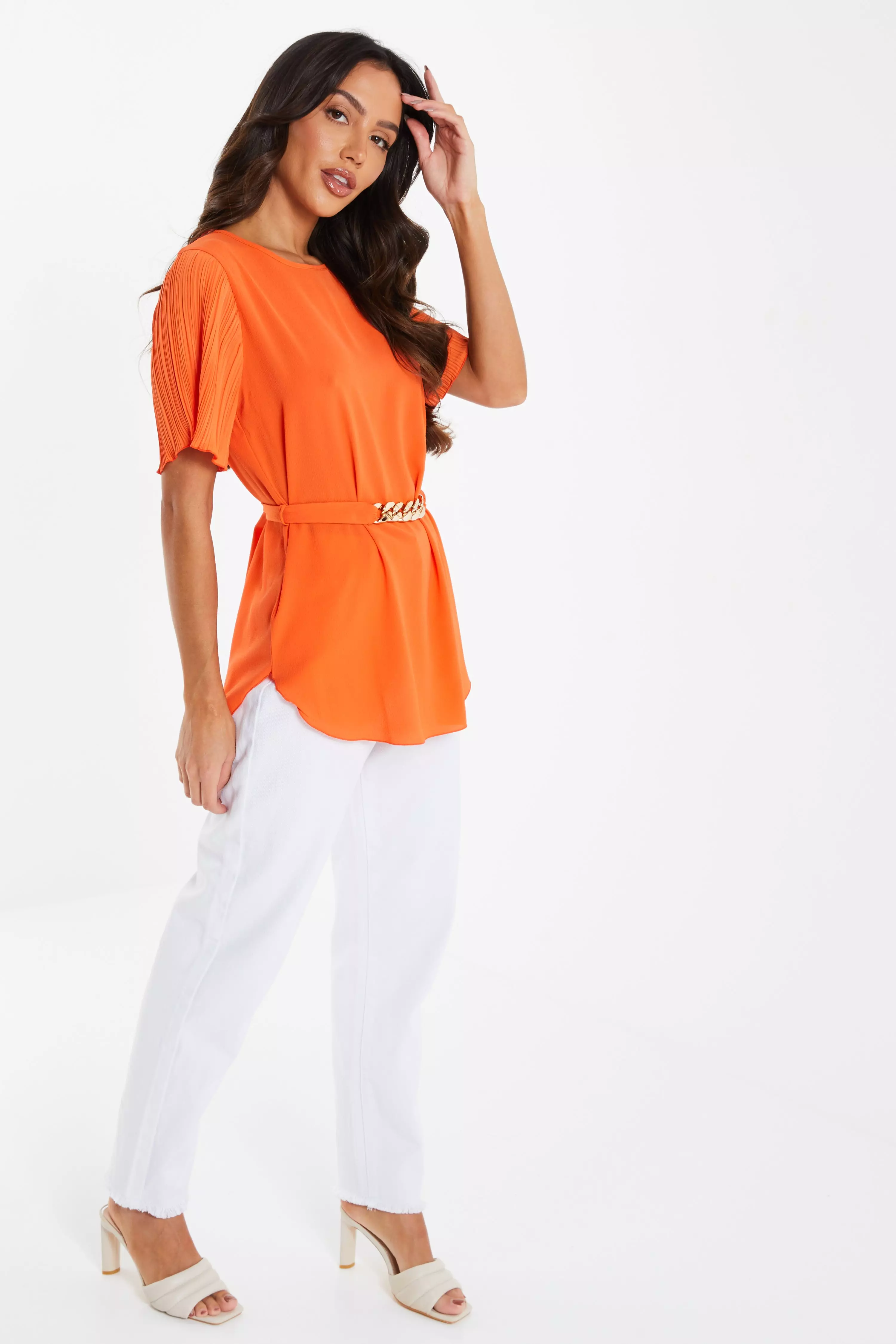 Orange Pleat Sleeve Top - QUIZ Clothing