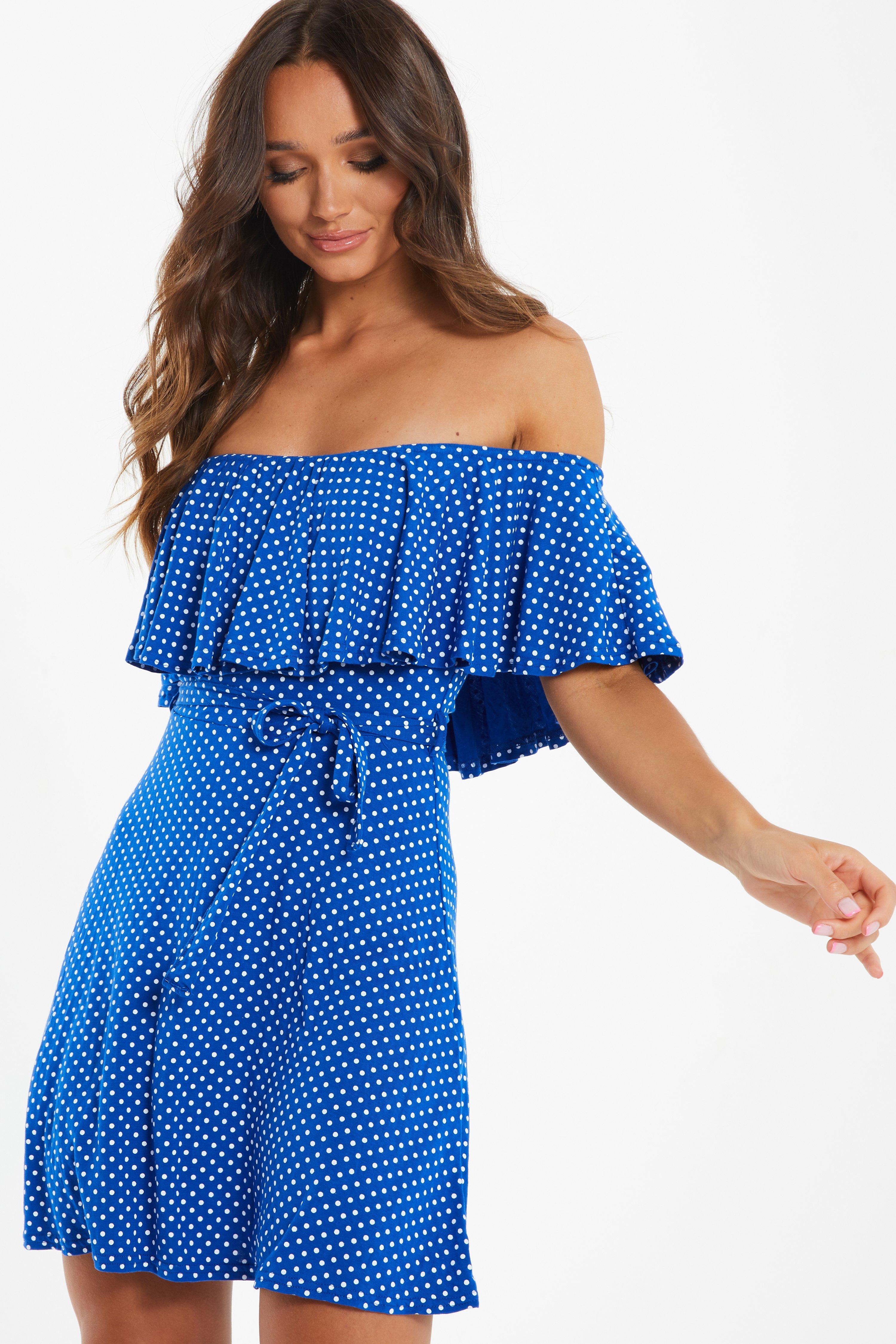 Blue Polka Dot Bardot Dress QUIZ Clothing