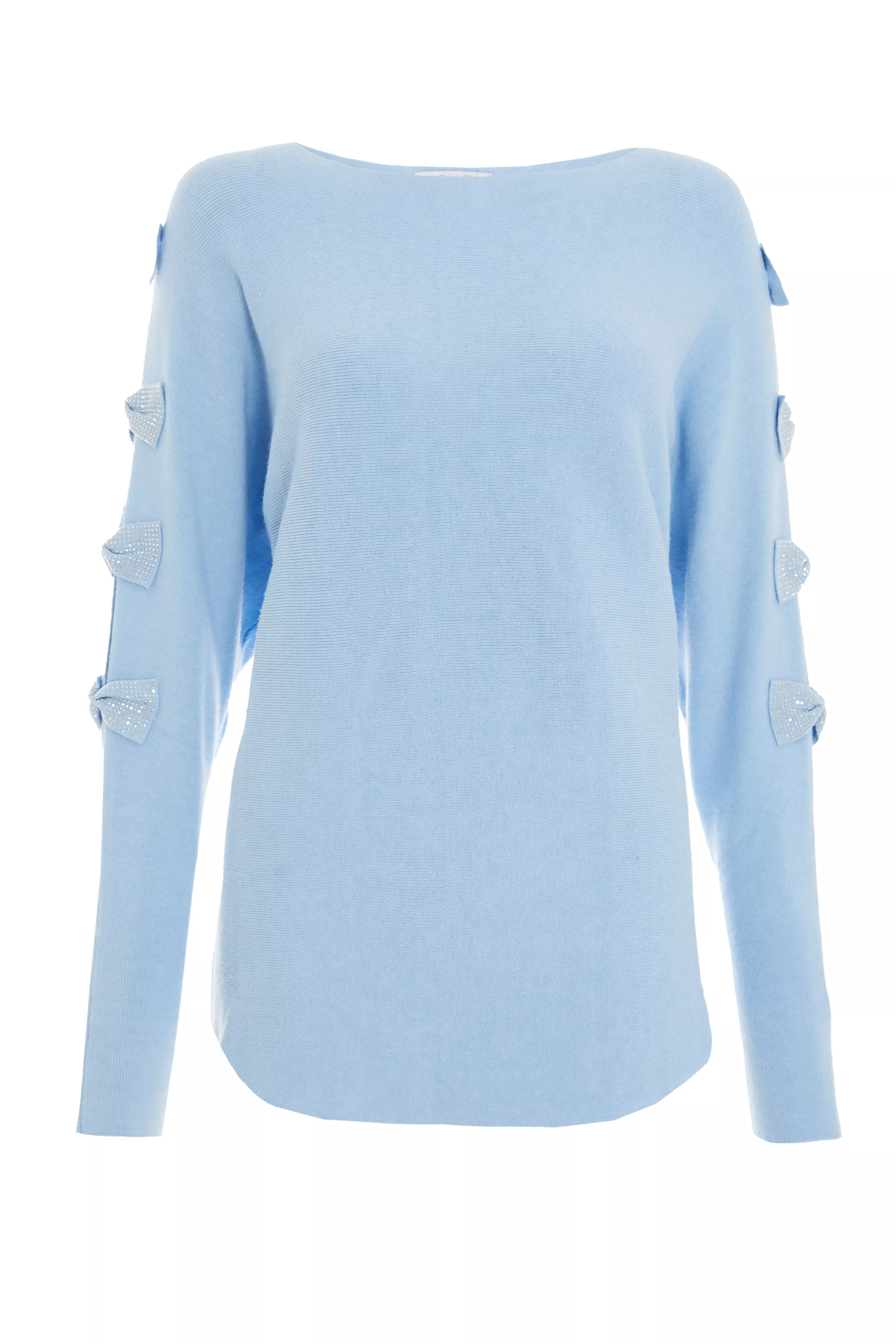 Blue Light Knit Diamante Bow Sleeve Jumper - QUIZ Clothing