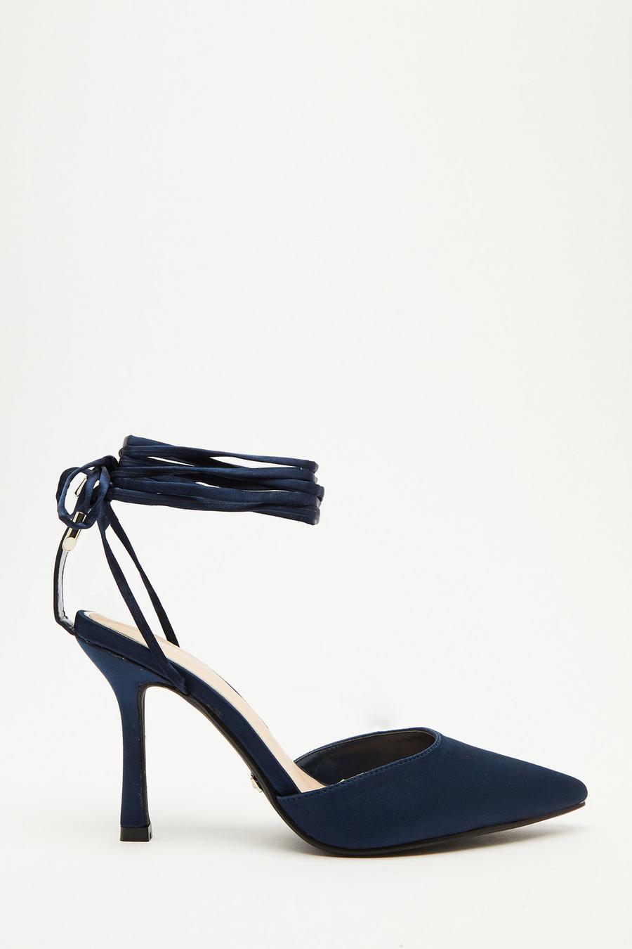 Navy Satin Ankle Tie Court Heels Quiz Clothing