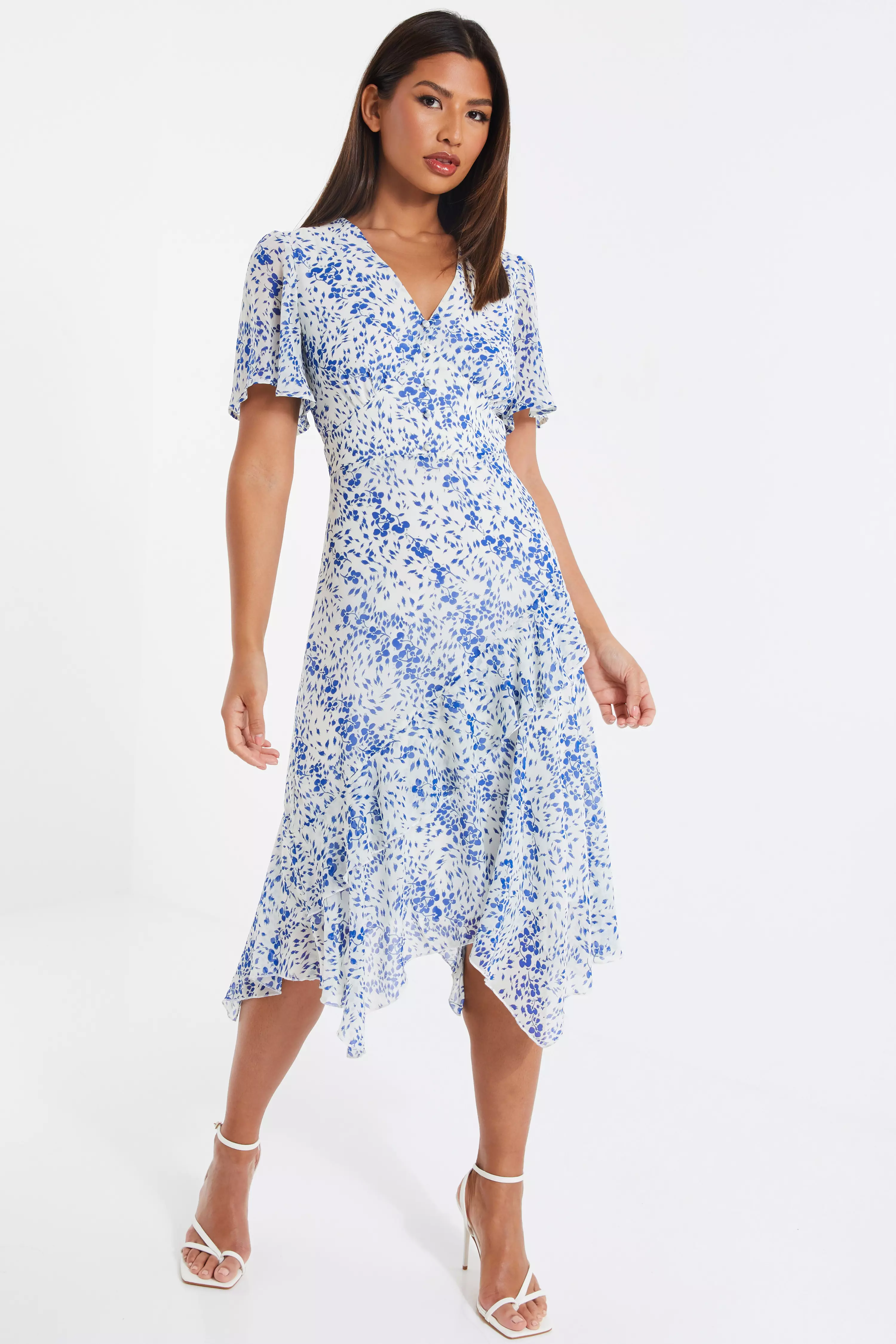 Blue Chiffon Floral Frill Midi Dress - QUIZ Clothing