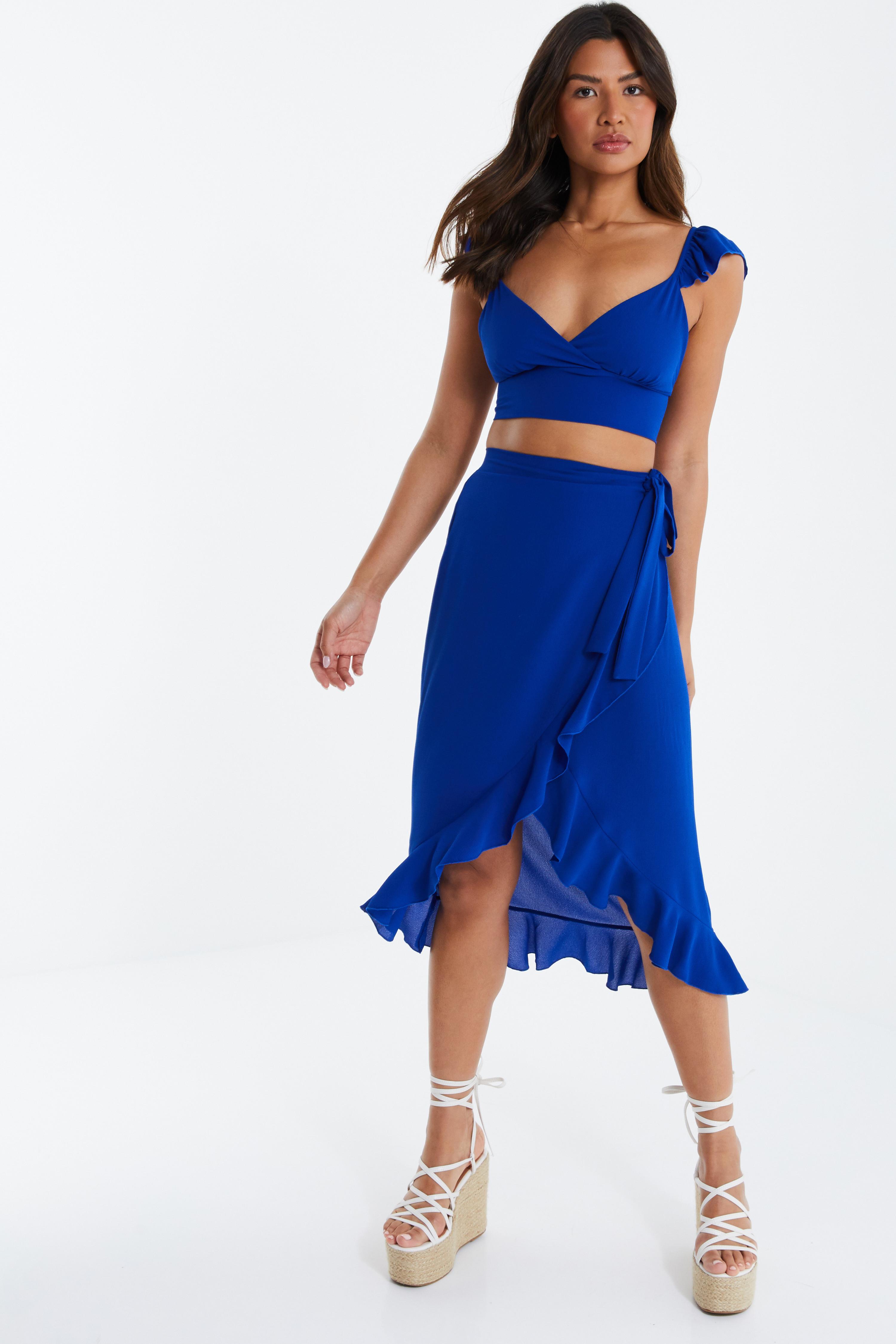 Blue Frill Wrap Midi Skirt