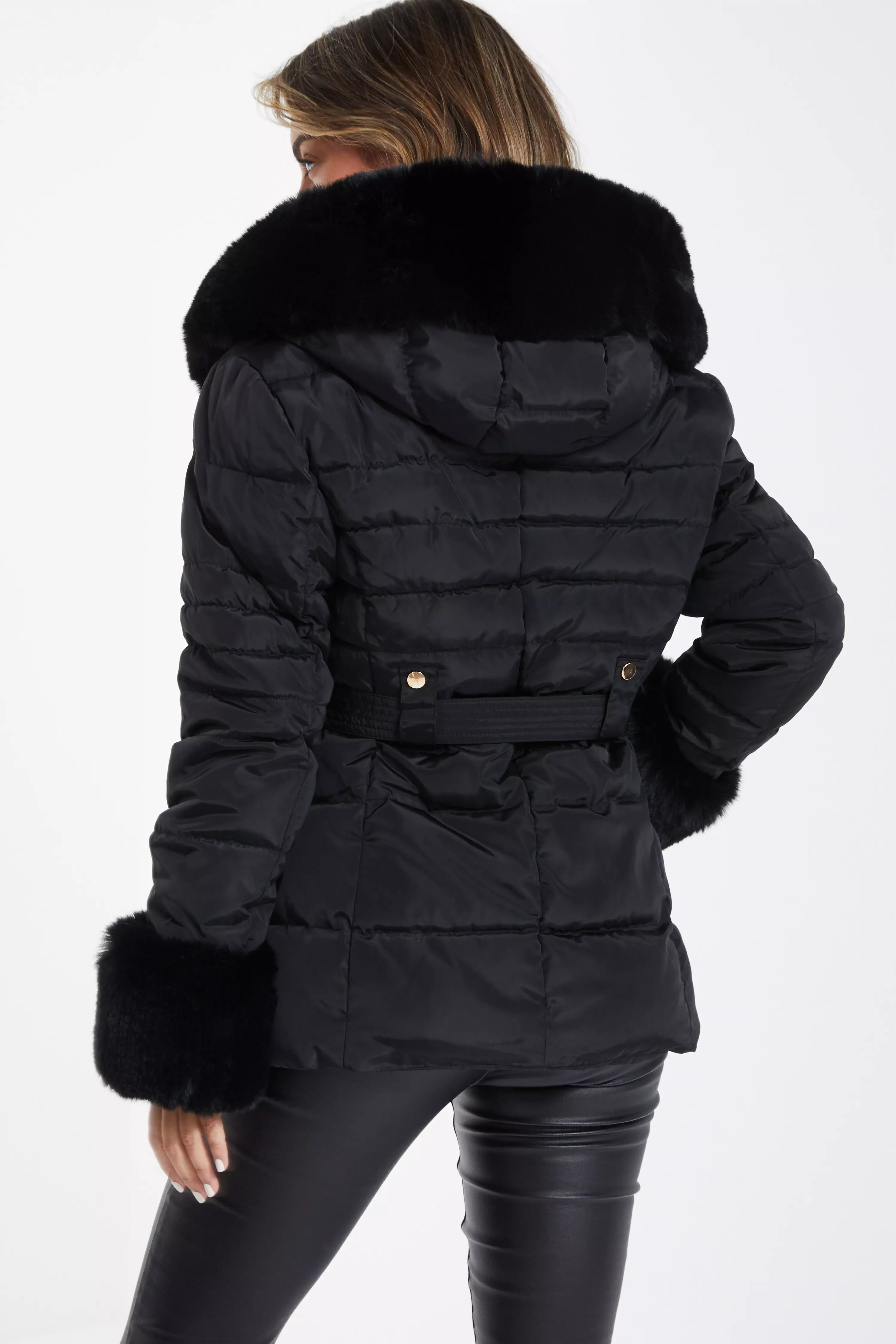 Black Padded Faux Fur Trim Jacket QUIZ Clothing