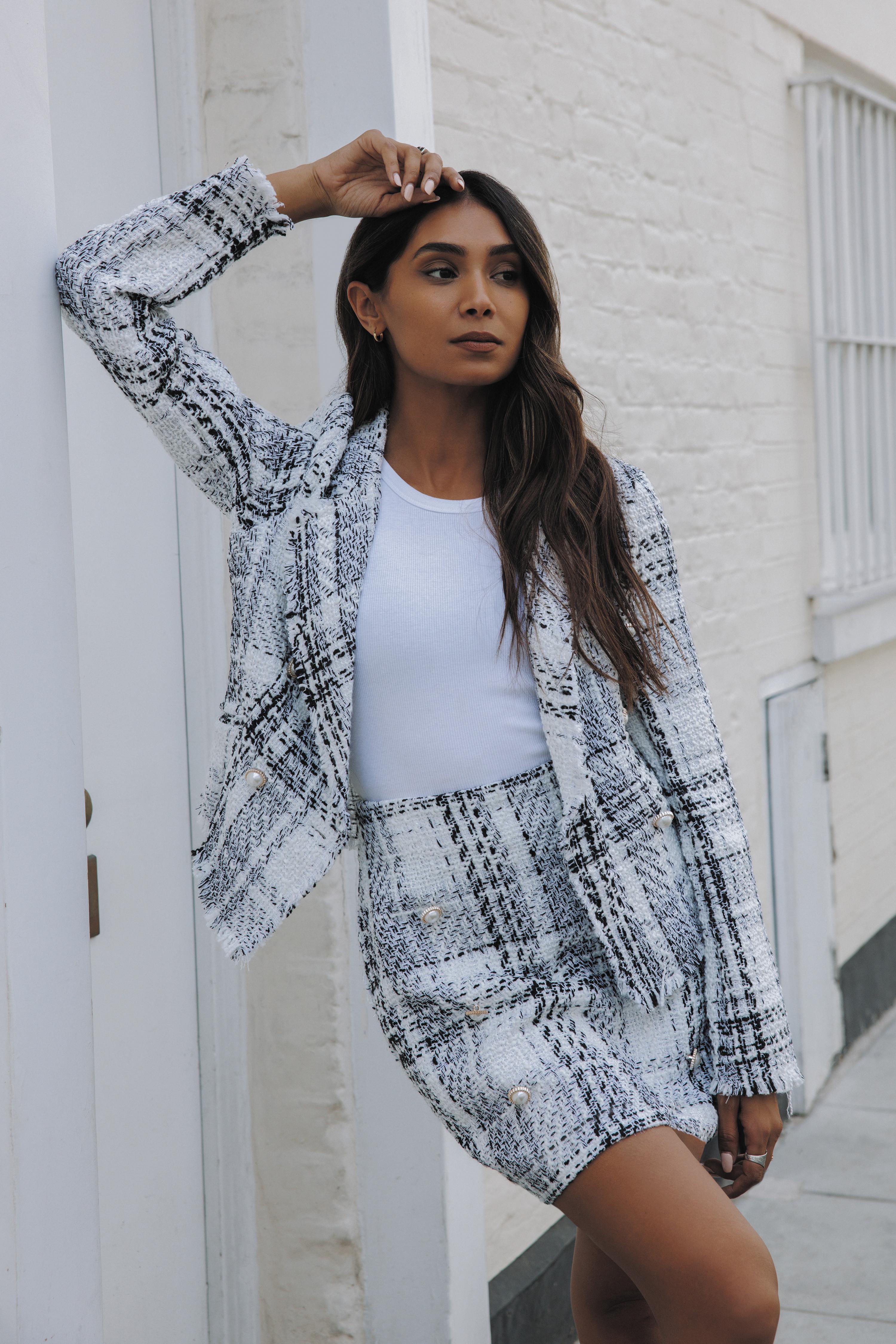 White Check Boucle Mini Skirt