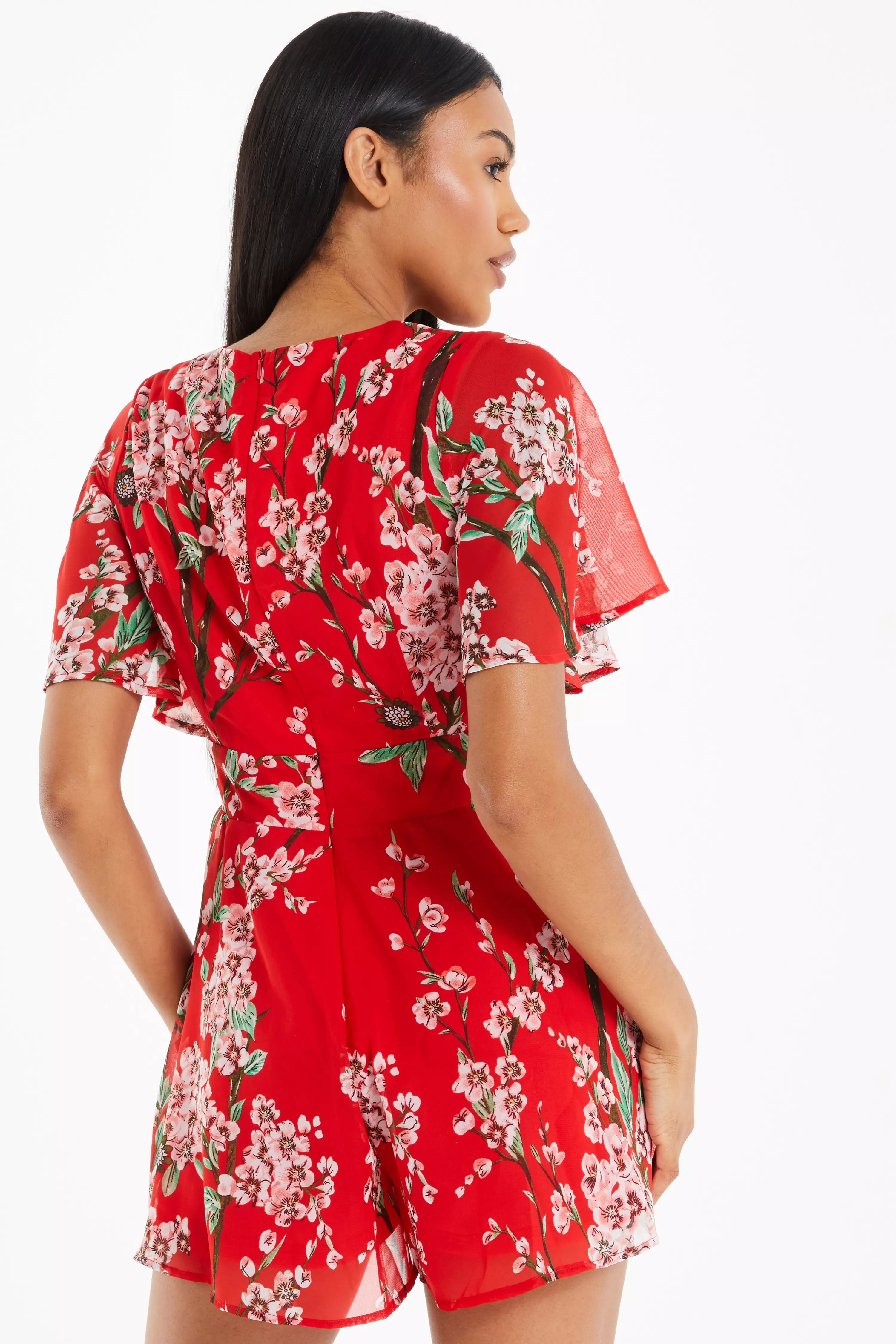 Red Floral Chiffon Playsuit Quiz Clothing