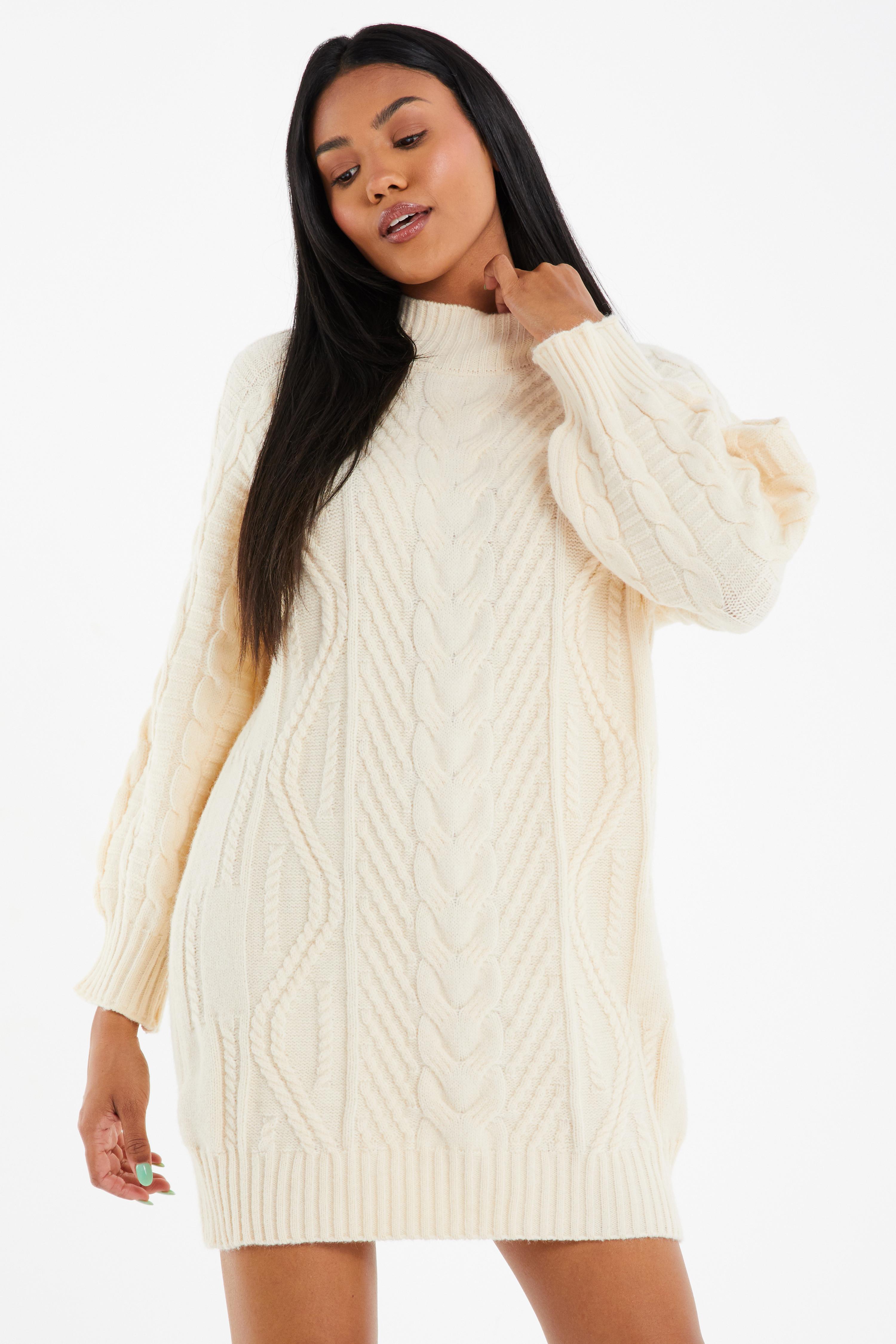 Cream Speckle Roll Neck Knitted Jumper Dress With Split Hem