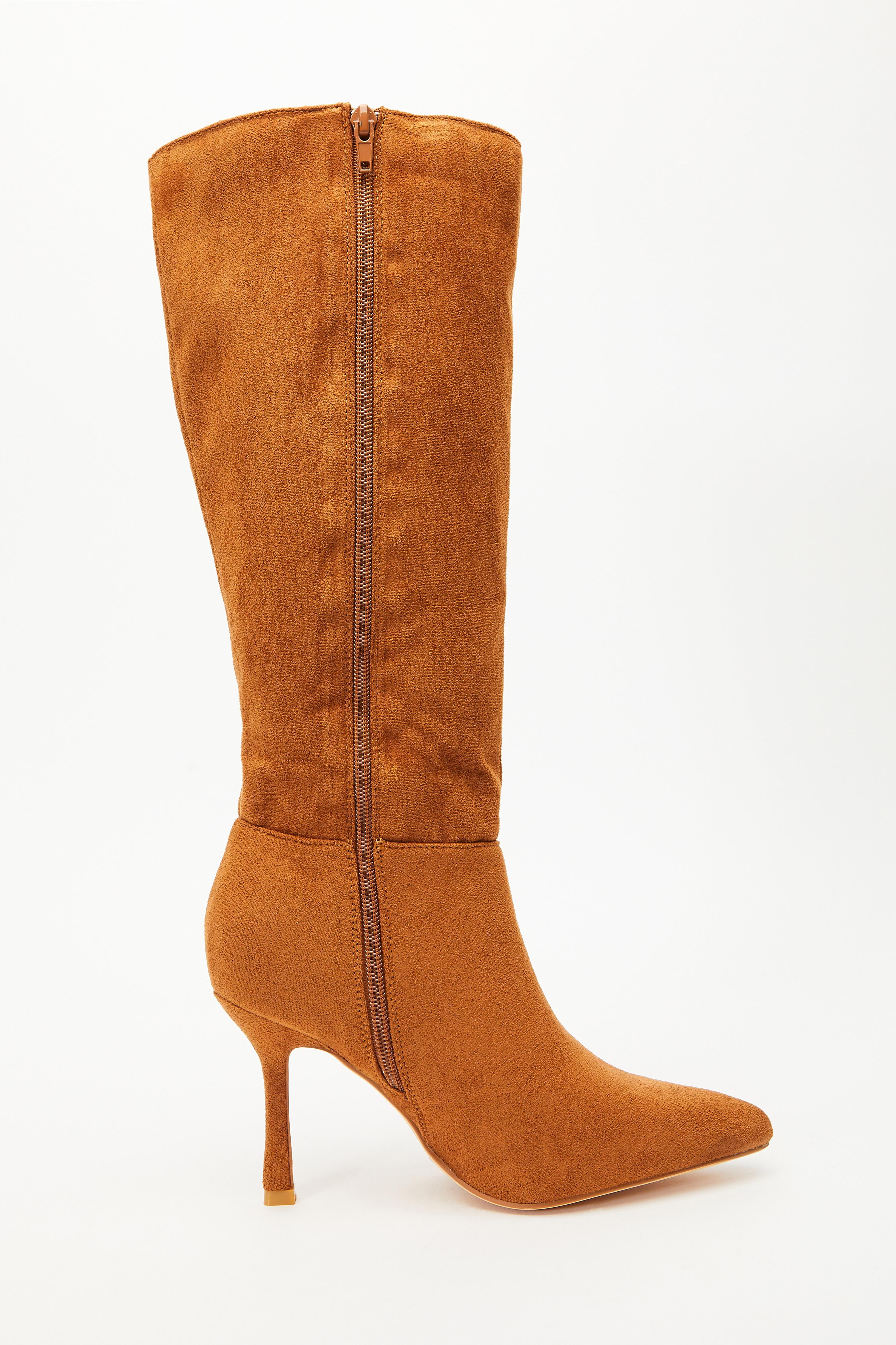 Tan Faux Suede Knee High Heeled Boots QUIZ Clothing