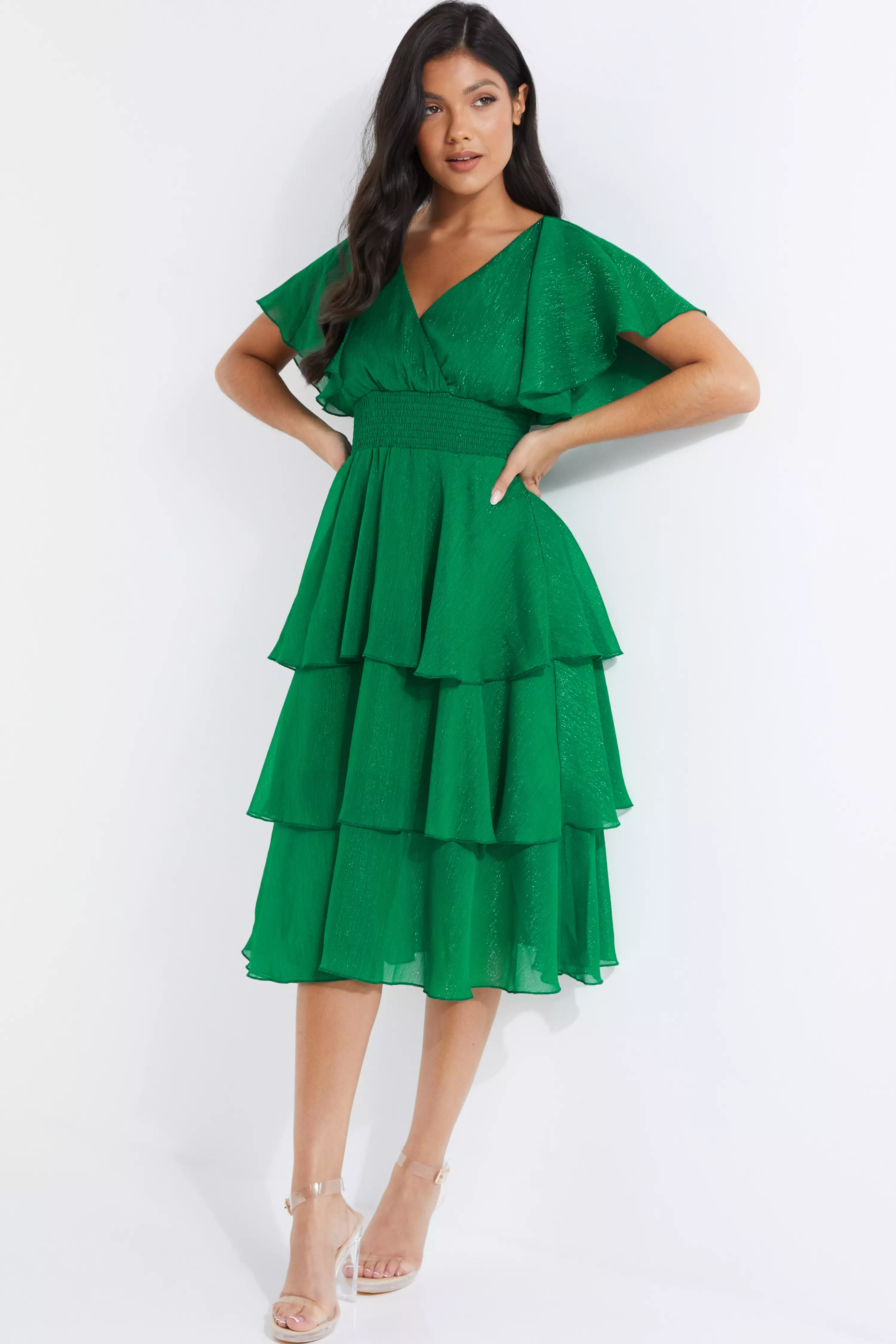 Green Chiffon Tiered Midi Dress QUIZ Clothing