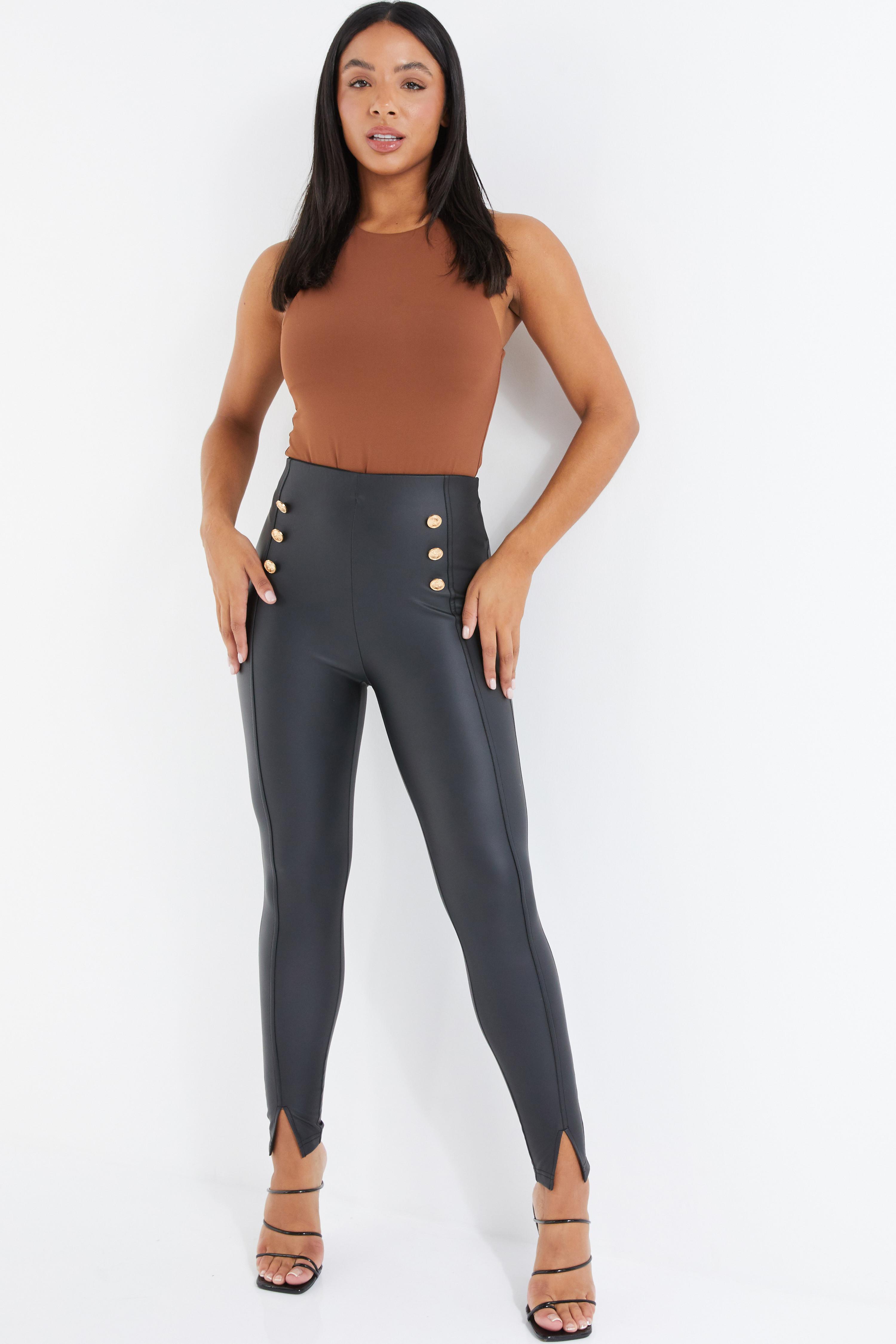 Black High Waisted Button Leggings<!-- --> - <!-- -->QUIZ Clothing