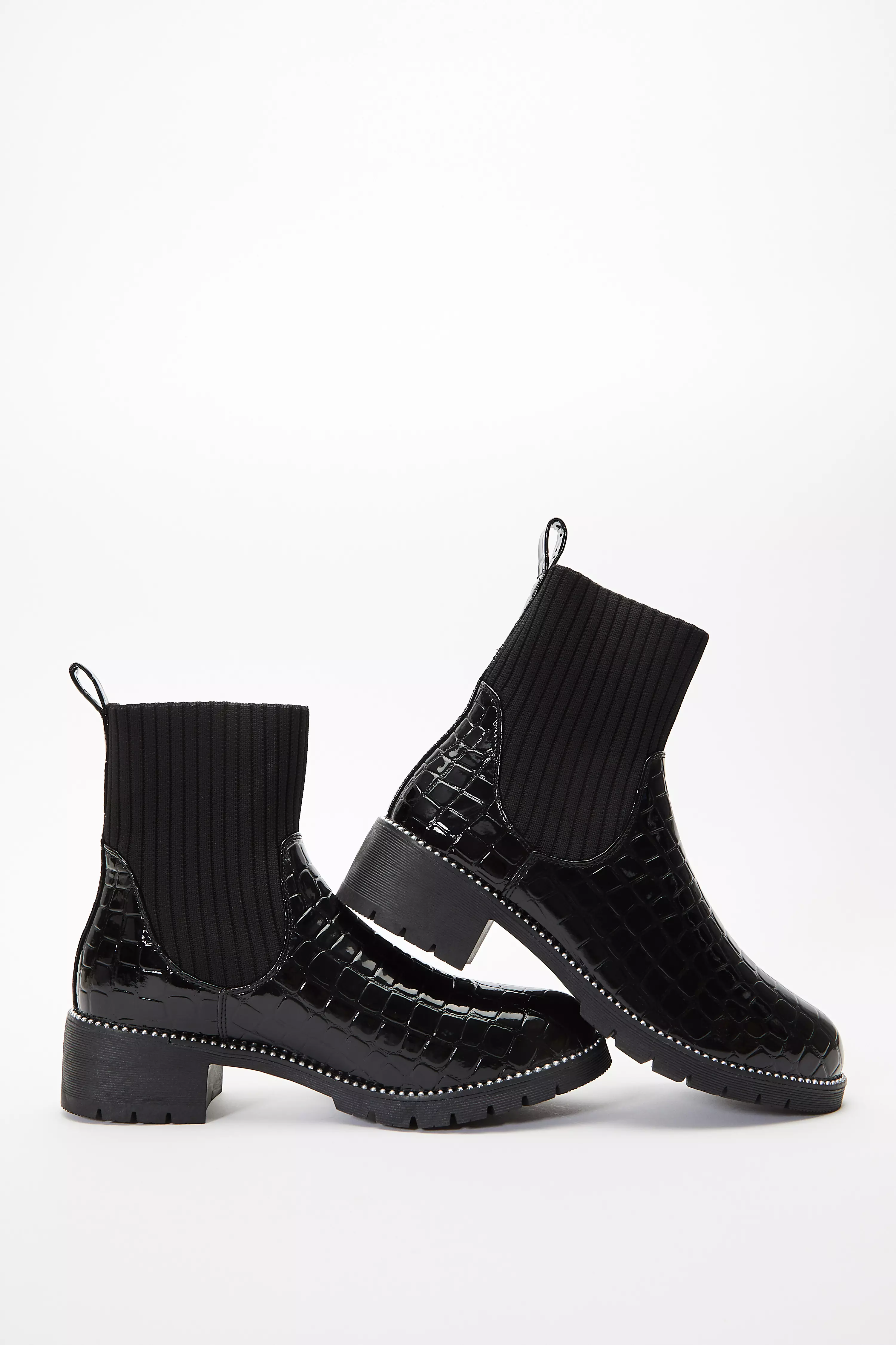 Black Crocodile Sock Ankle Boots QUIZ Clothing