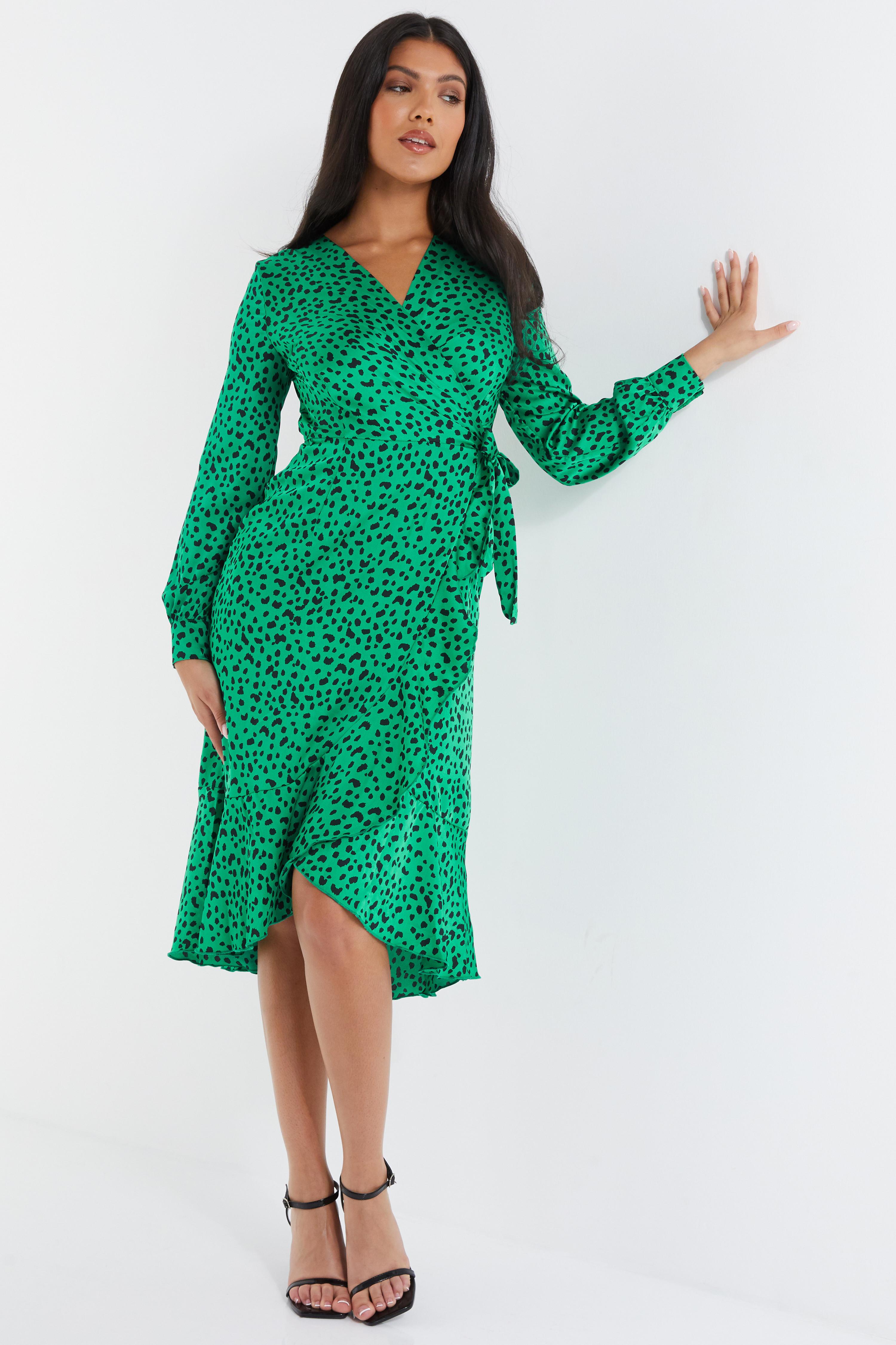 Green Animal Print Wrap Midi Dress