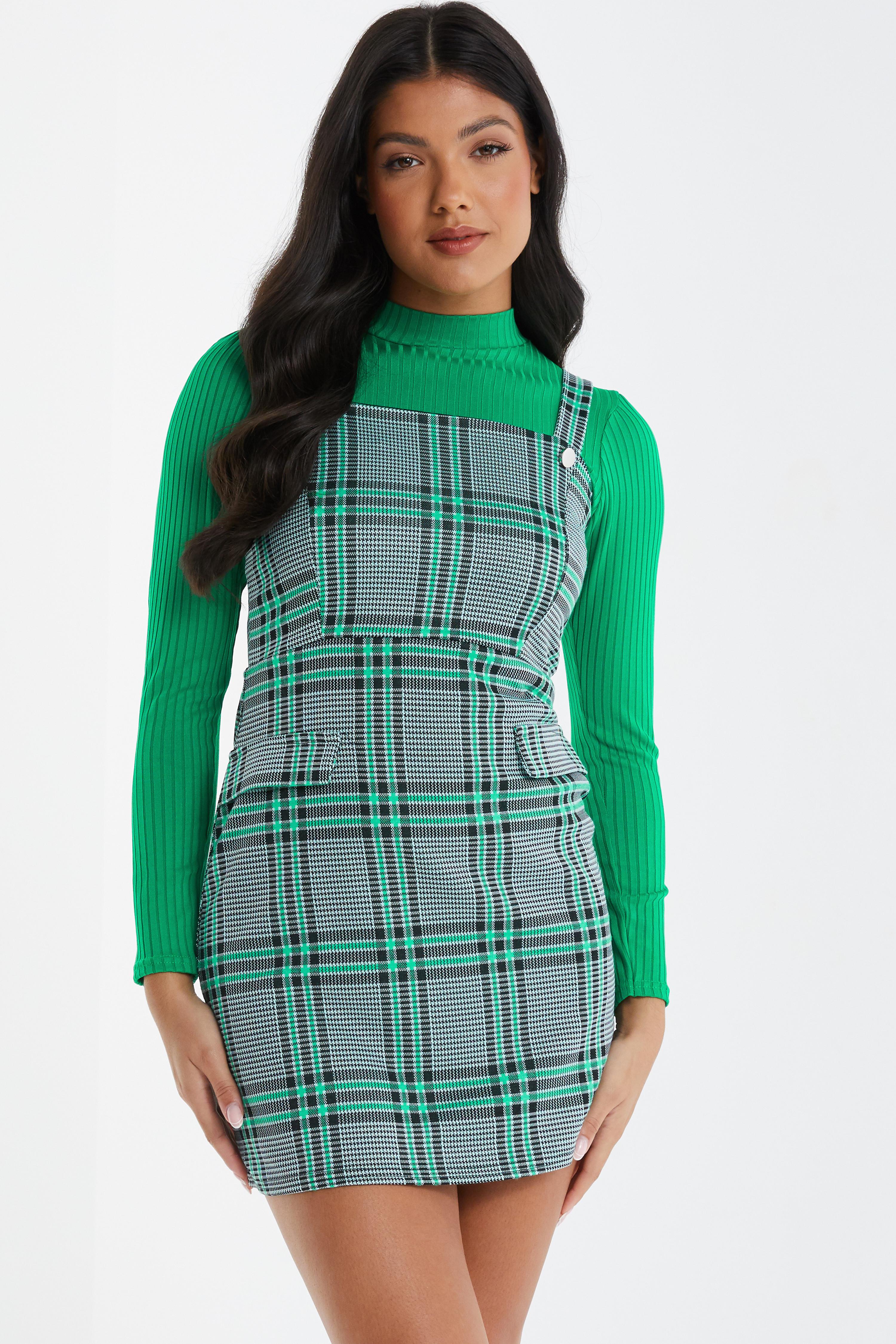 Green Check Pinafore Mini Dress QUIZ Clothing