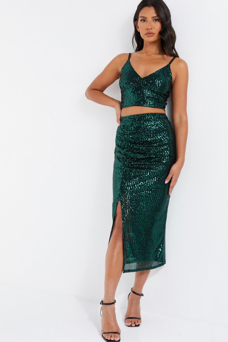 Glamorous Collection Iridescent Line Sequin Square Neck Crop Top