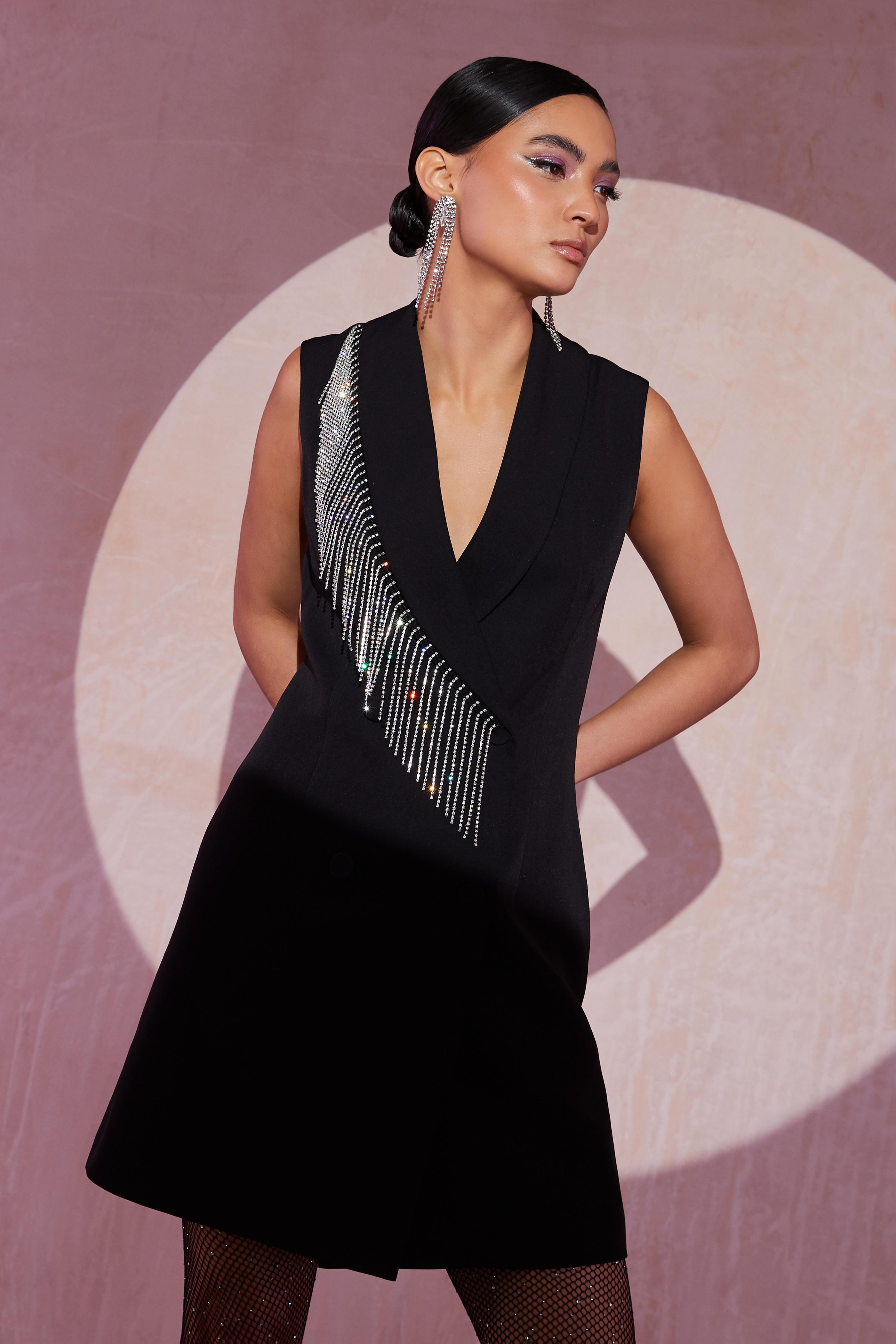 Black Diamante Mini Blazer Dress