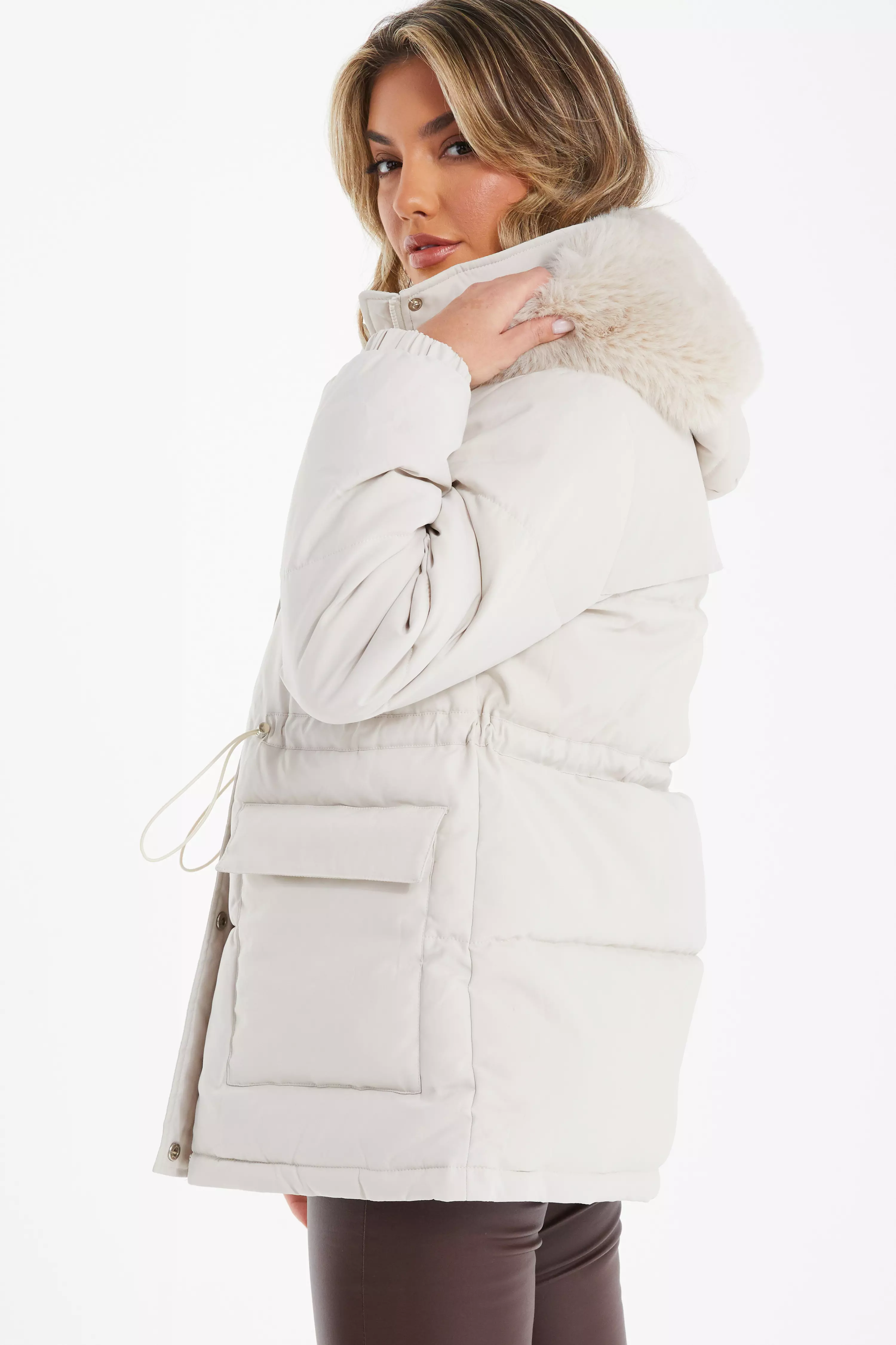 Stone Padded Faux Fur Hood Jacket - QUIZ Clothing