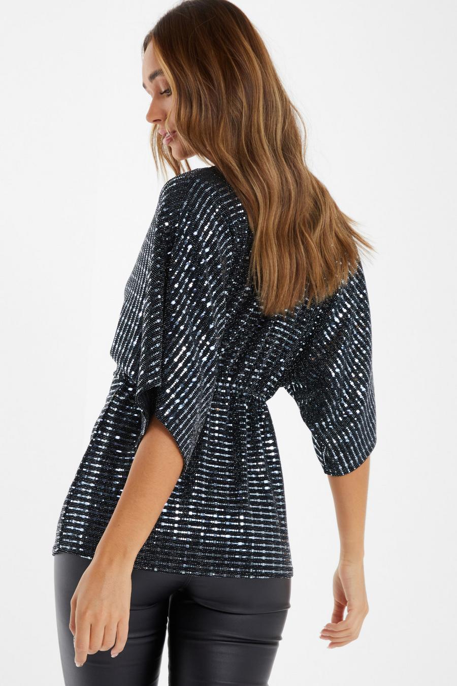 Grey Sequin Batwing Top - Quiz Clothing