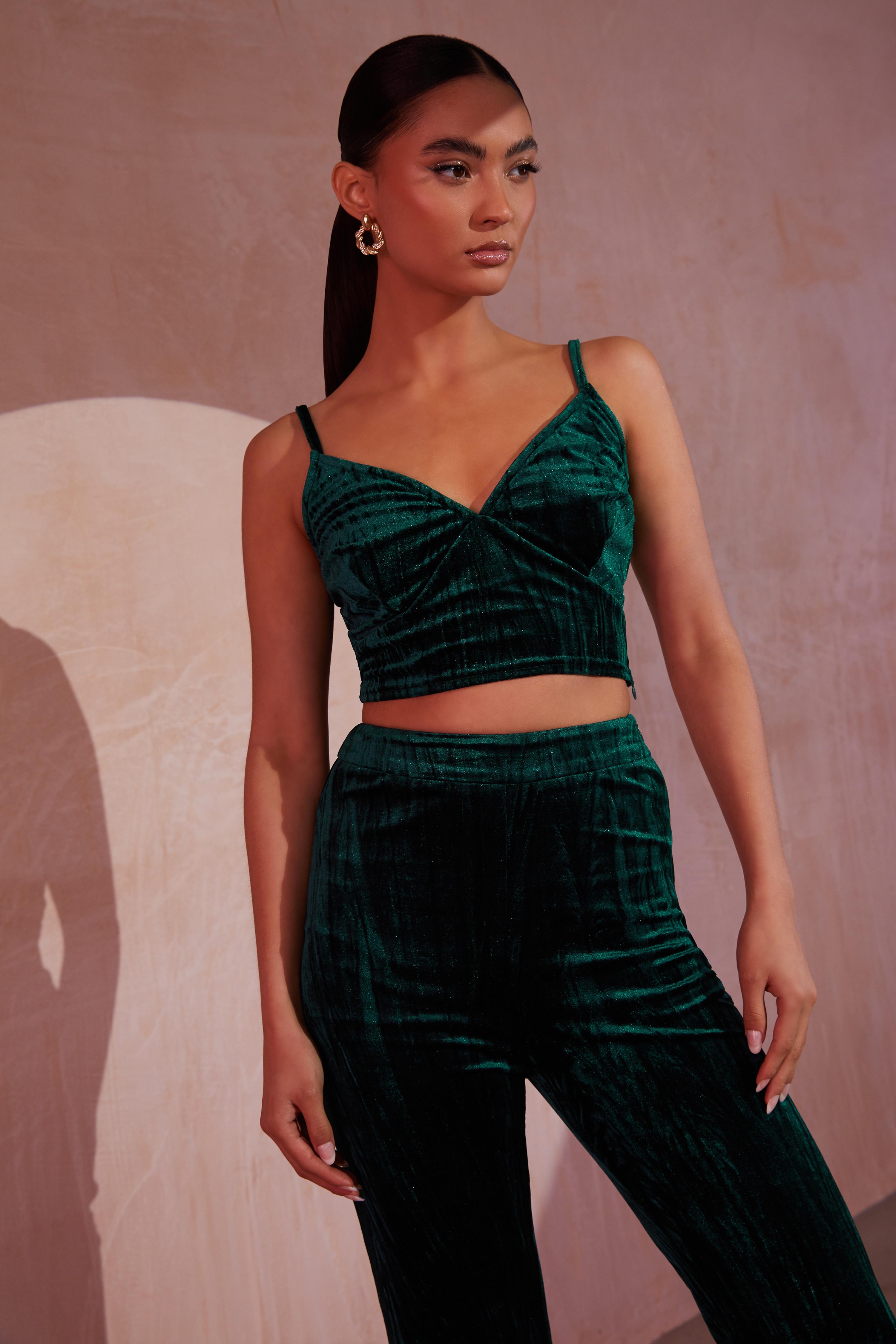 Bottle Green Crushed Velvet Crop Top