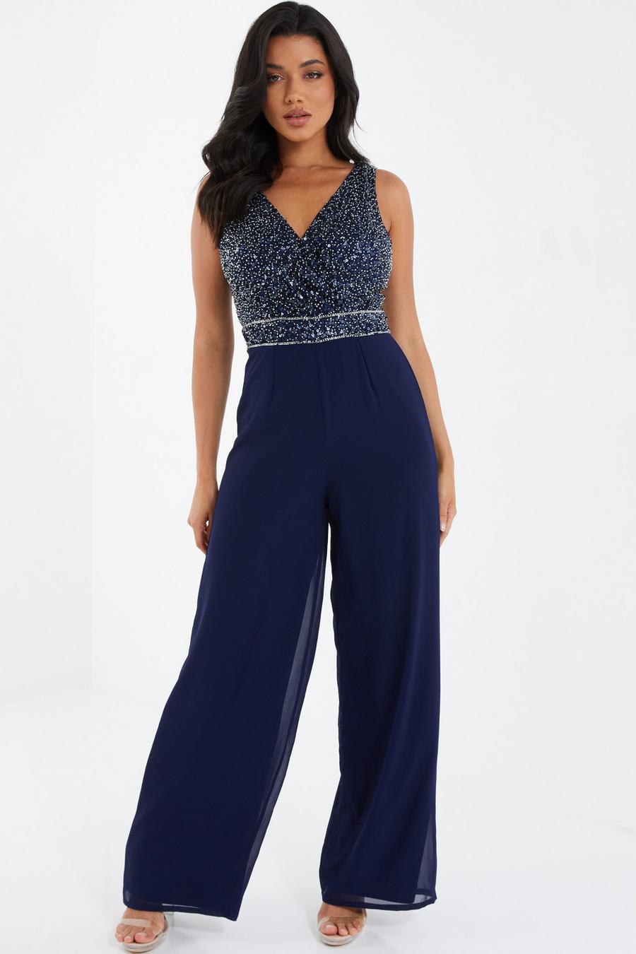 Navy Chiffon Embellished Palazzo Jumpsuit - Quiz Clothing