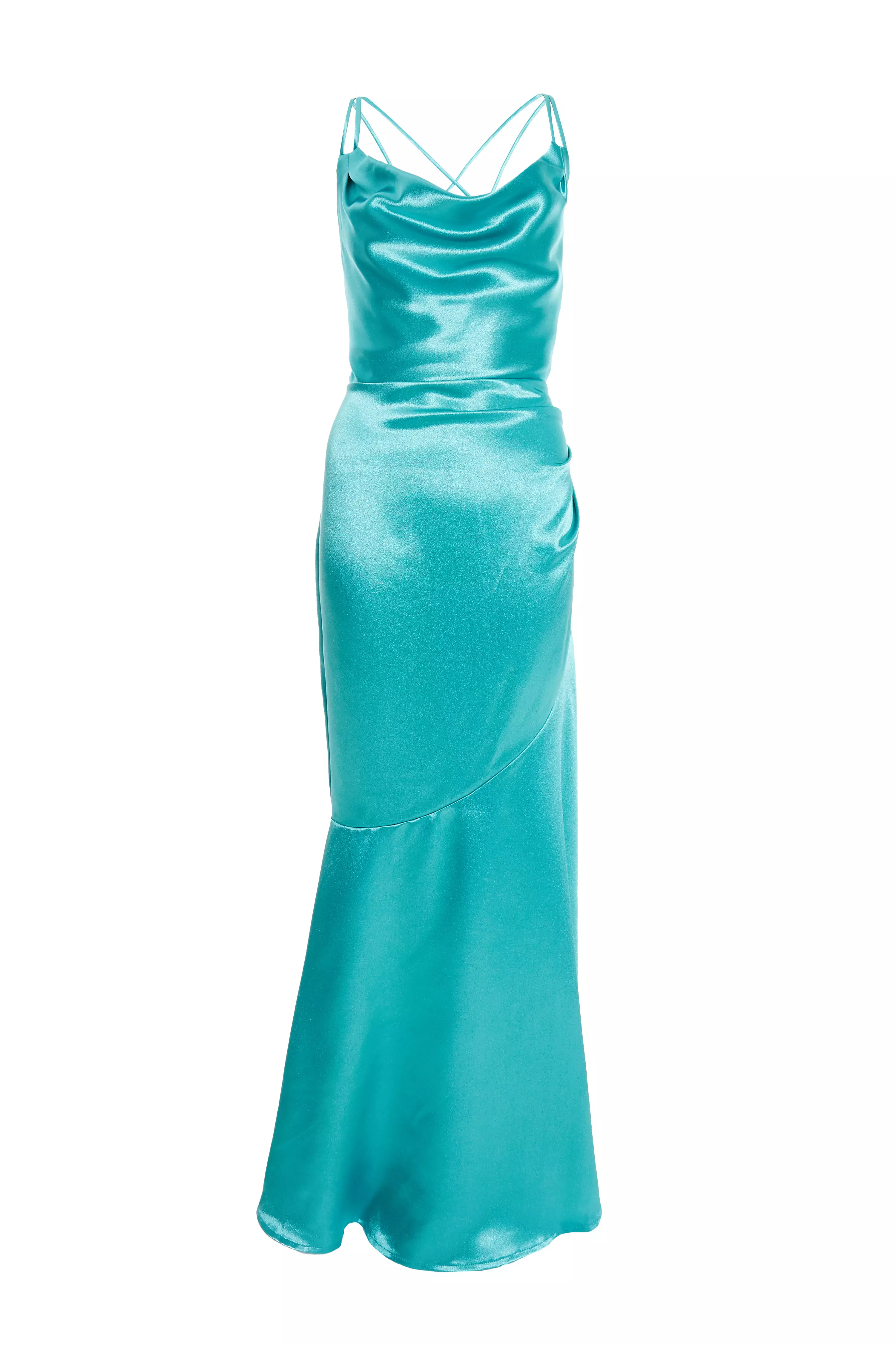 Aqua Satin Cross Back Maxi Dress - QUIZ Clothing