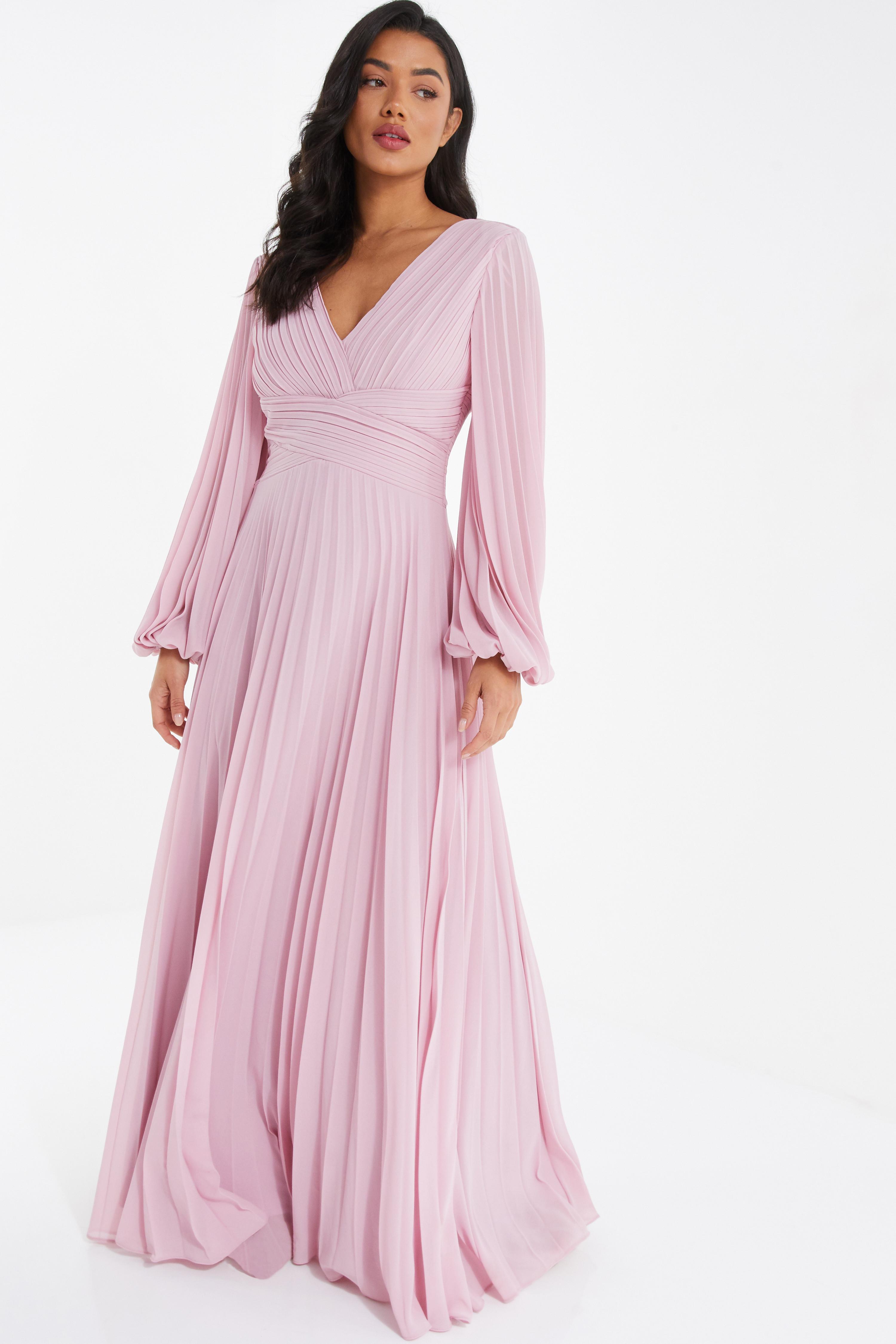 Pink Pleated Chiffon Maxi Dress