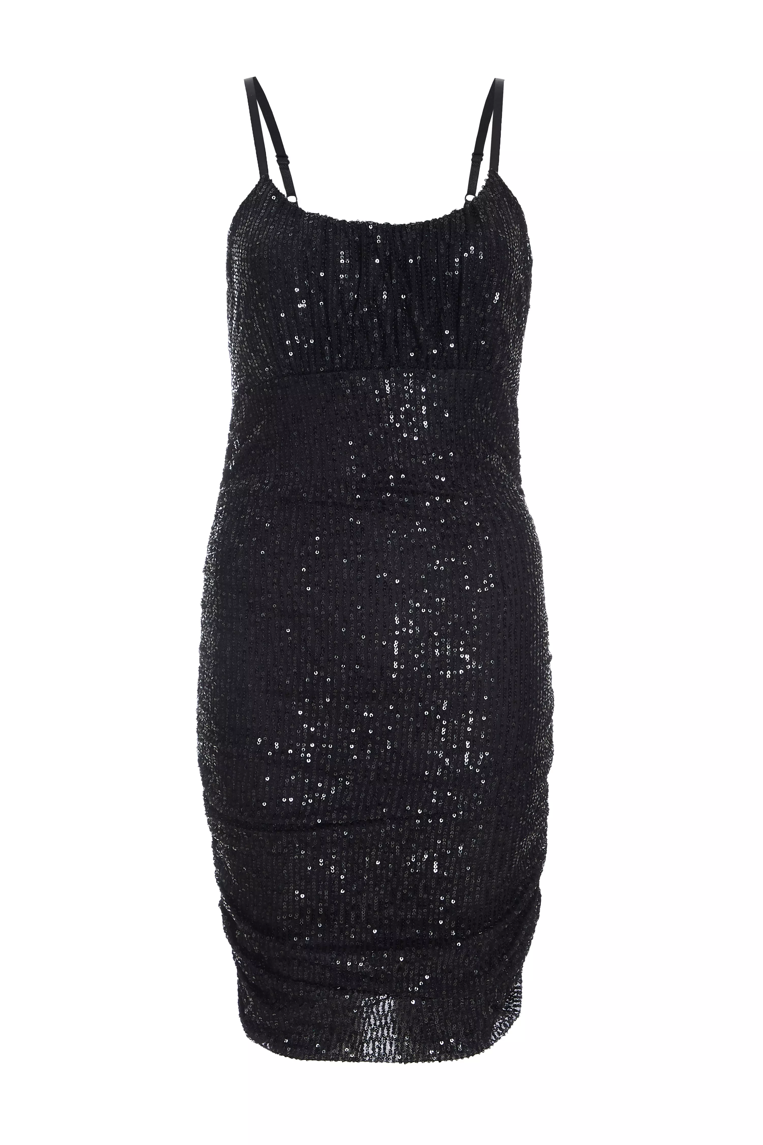 Black Sequin Ruched Bodycon Mini Dress QUIZ Clothing