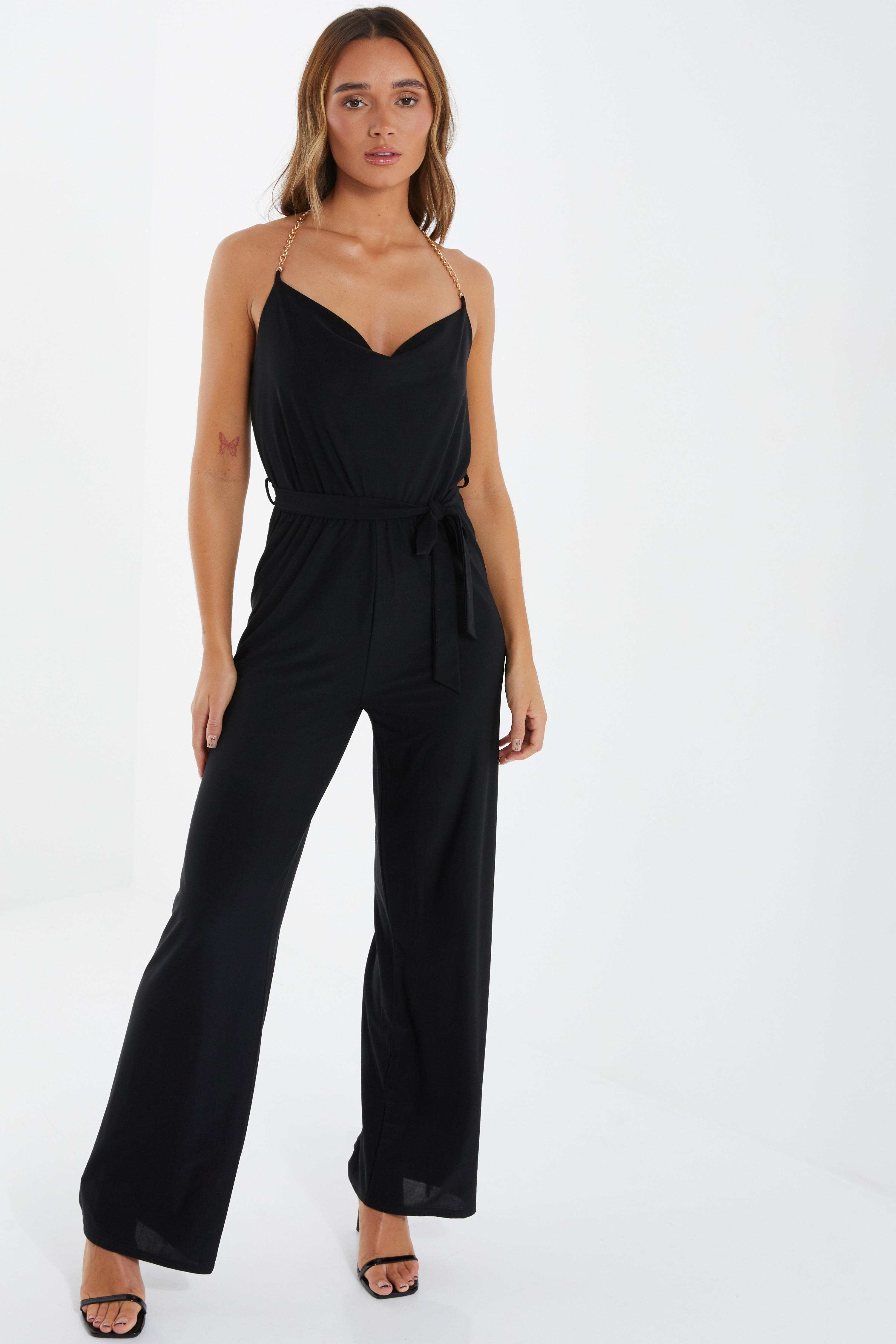 Buy Quiz Clothing Black Slinky Chain Srap Palazzo Jumpsuit (Set of 2) online