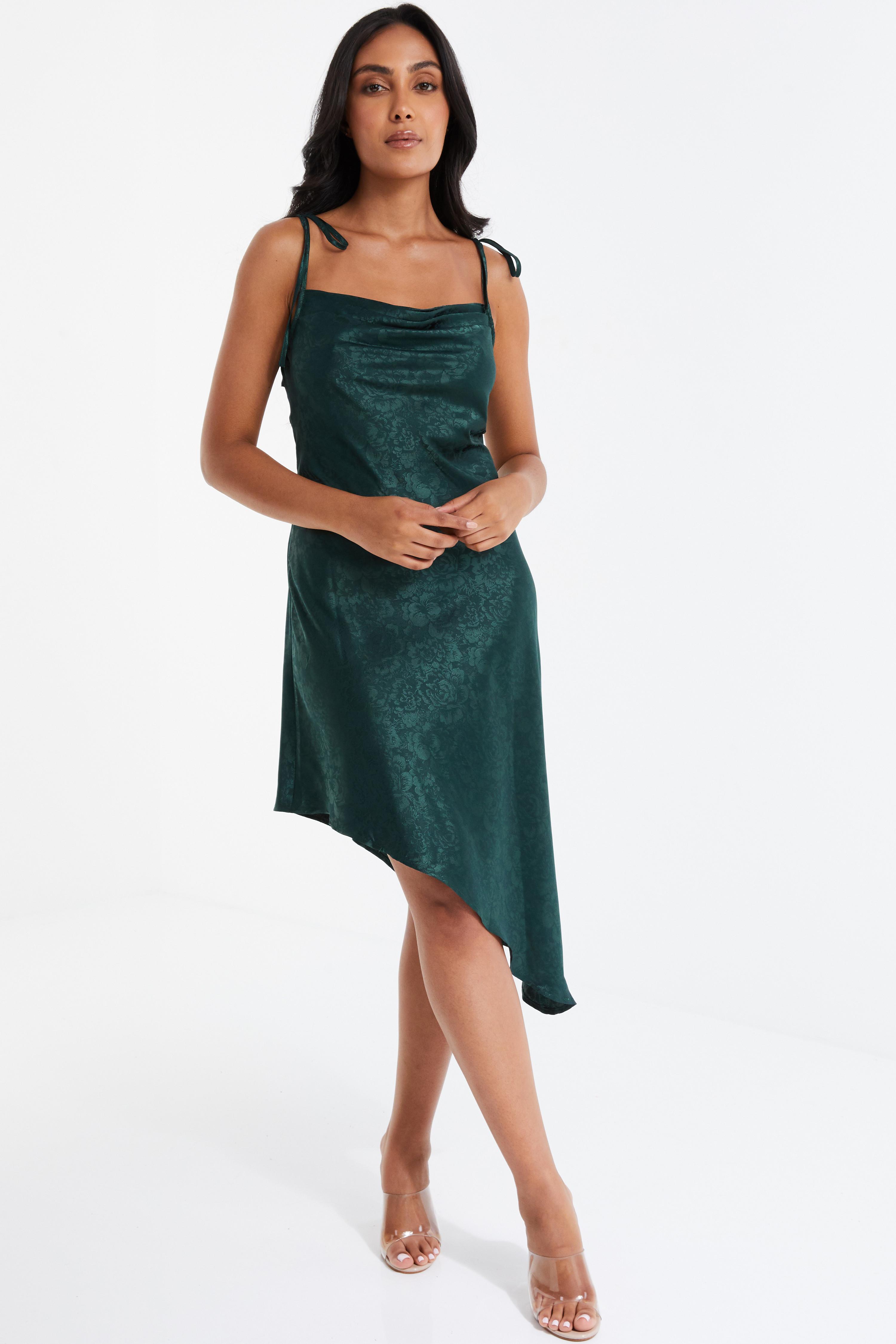 Petite Bottle Green Satin Jacquard Floral Midi Dress