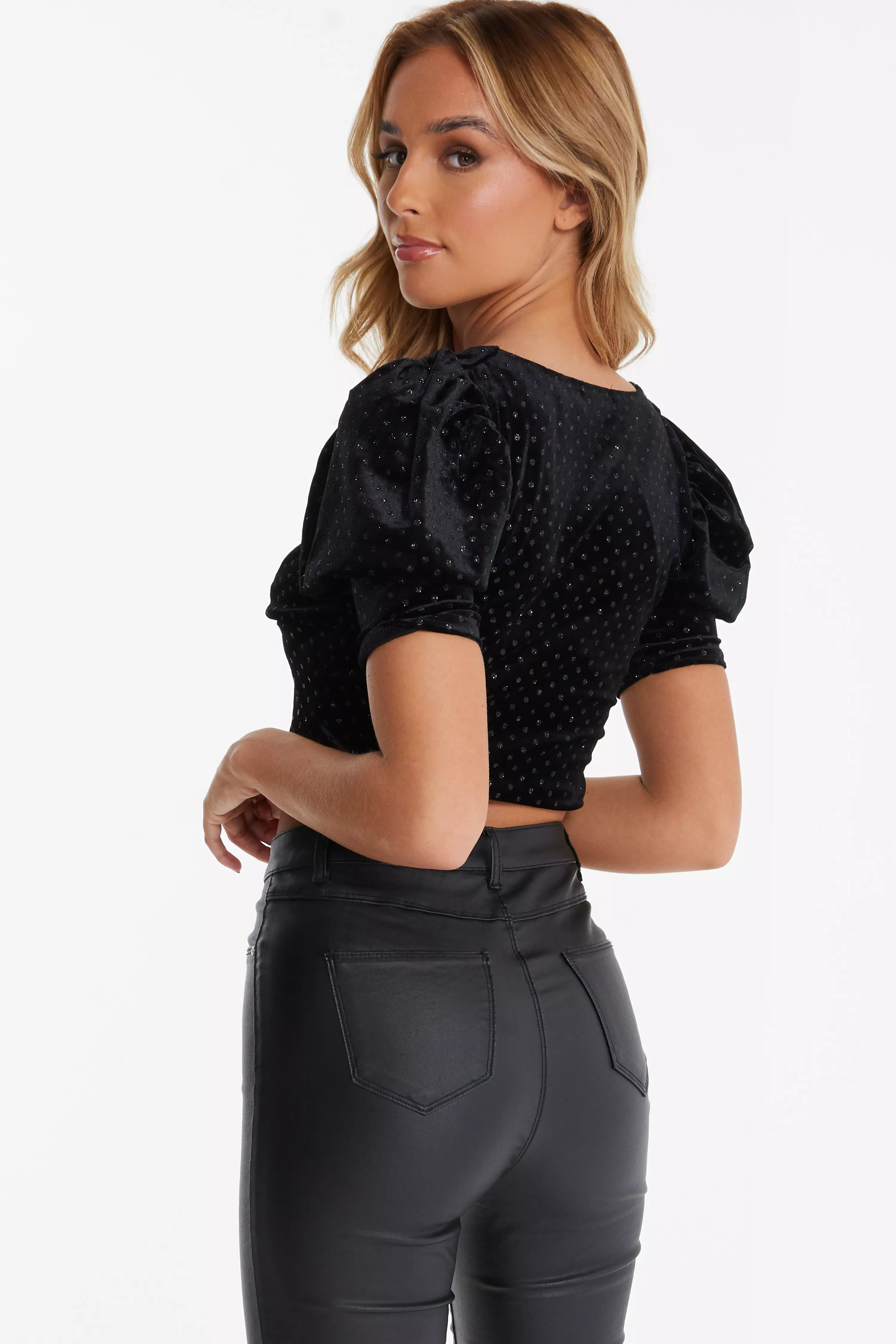 Black Velvet Glitter Polka Dot Crop Top QUIZ Clothing