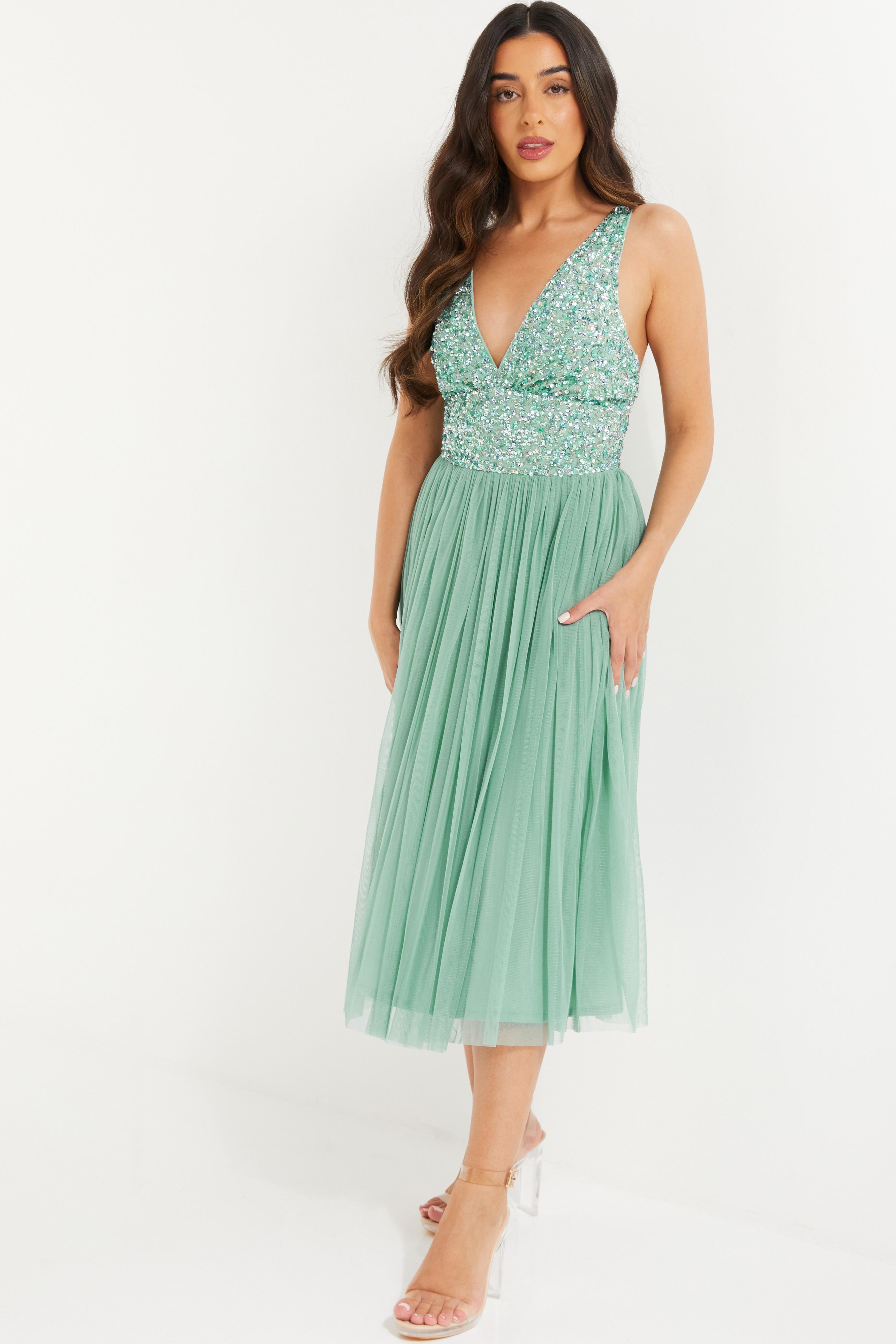 Petite Aqua Sequin Tulle Midi Dress QUIZ Clothing