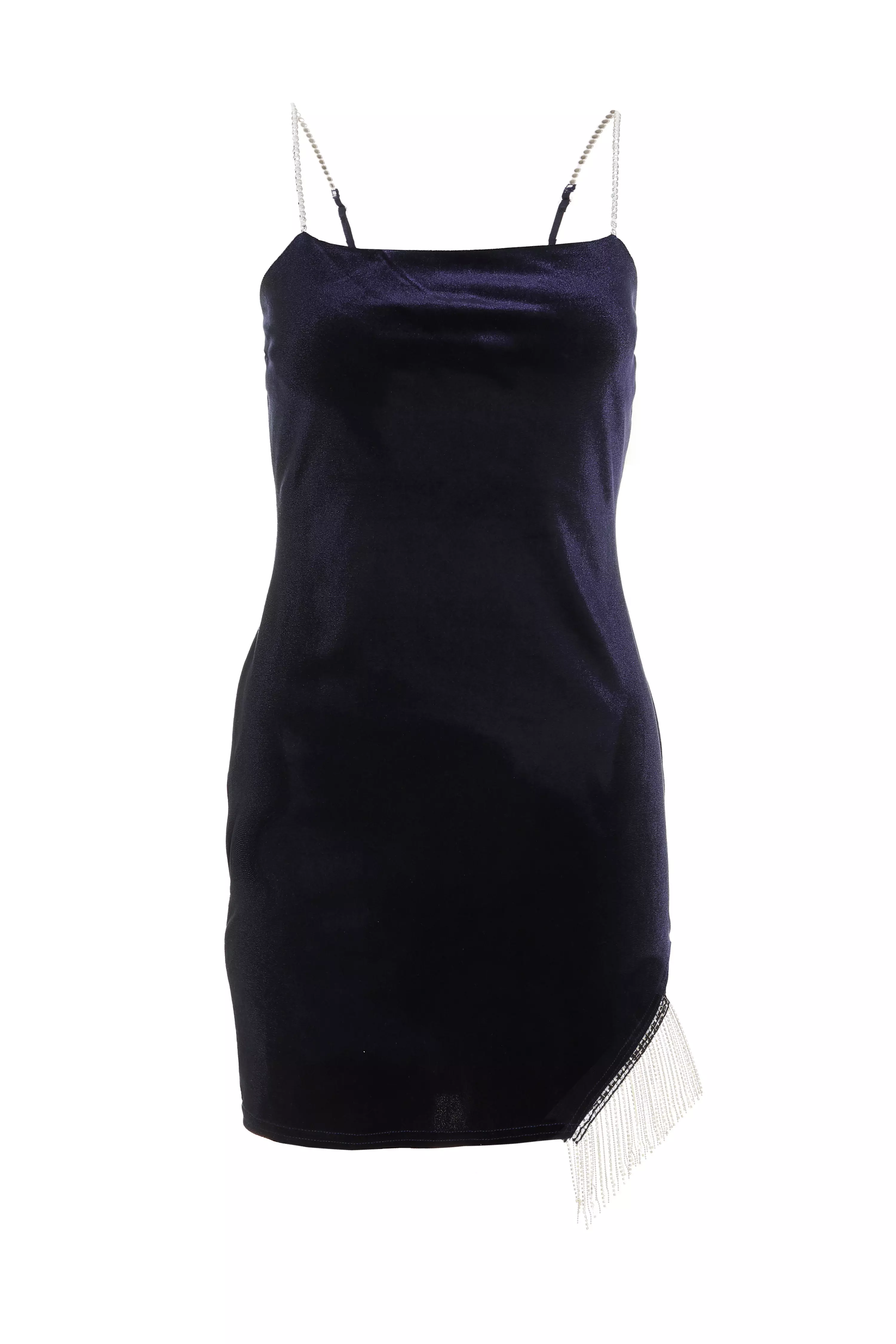 Blue Velvet Diamante Trim Mini Dress - QUIZ Clothing