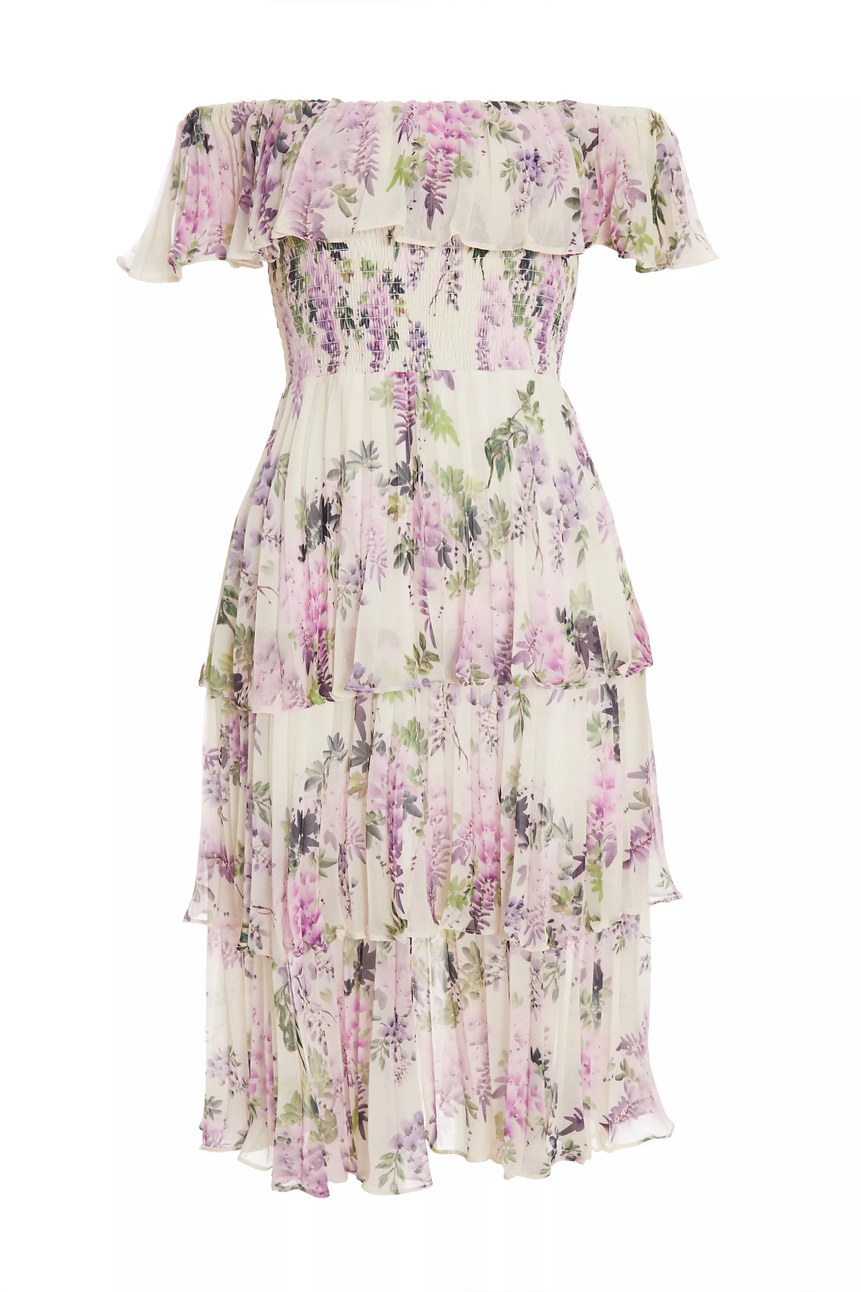 White Chiffon Floral Bardot Midi Dress QUIZ Clothing