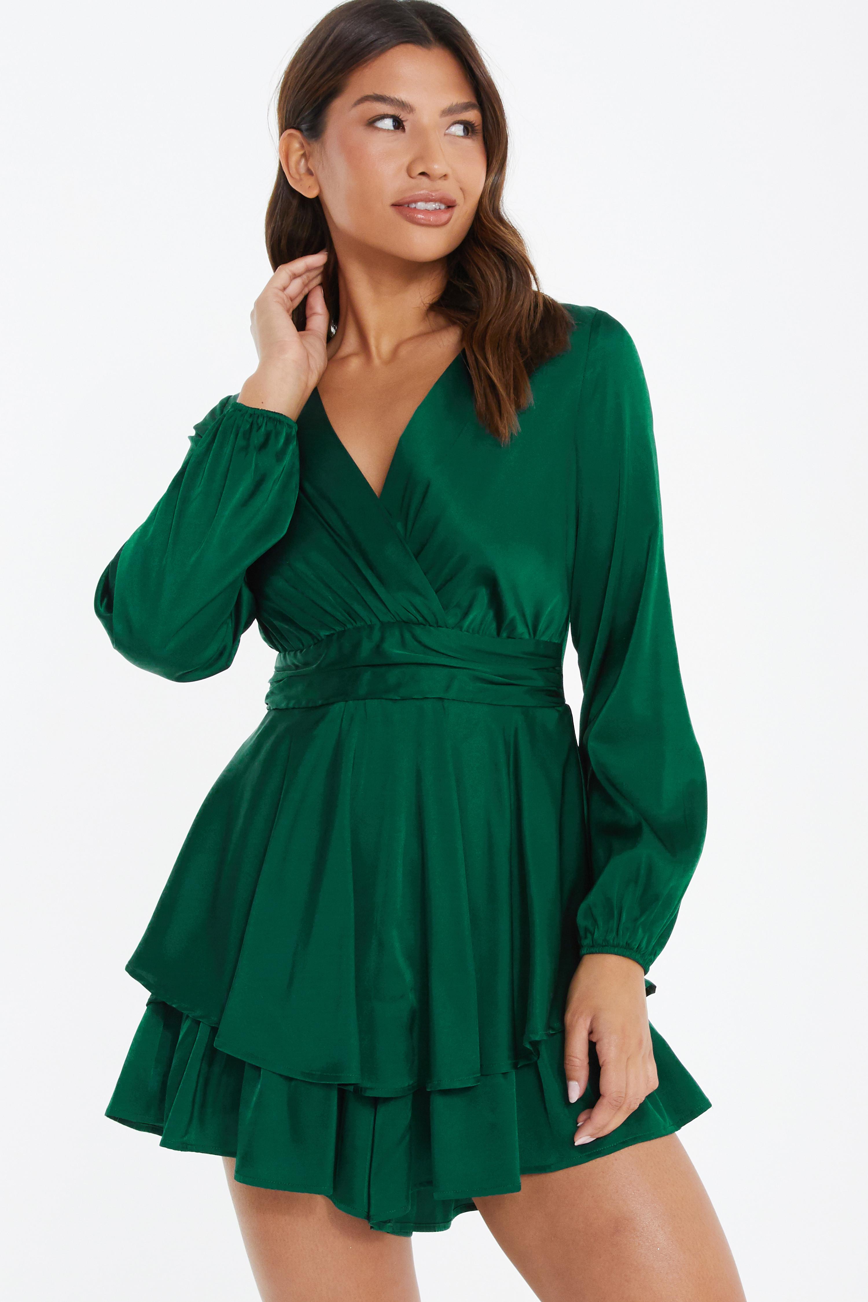 Bottle Green Satin Wrap Playsuit