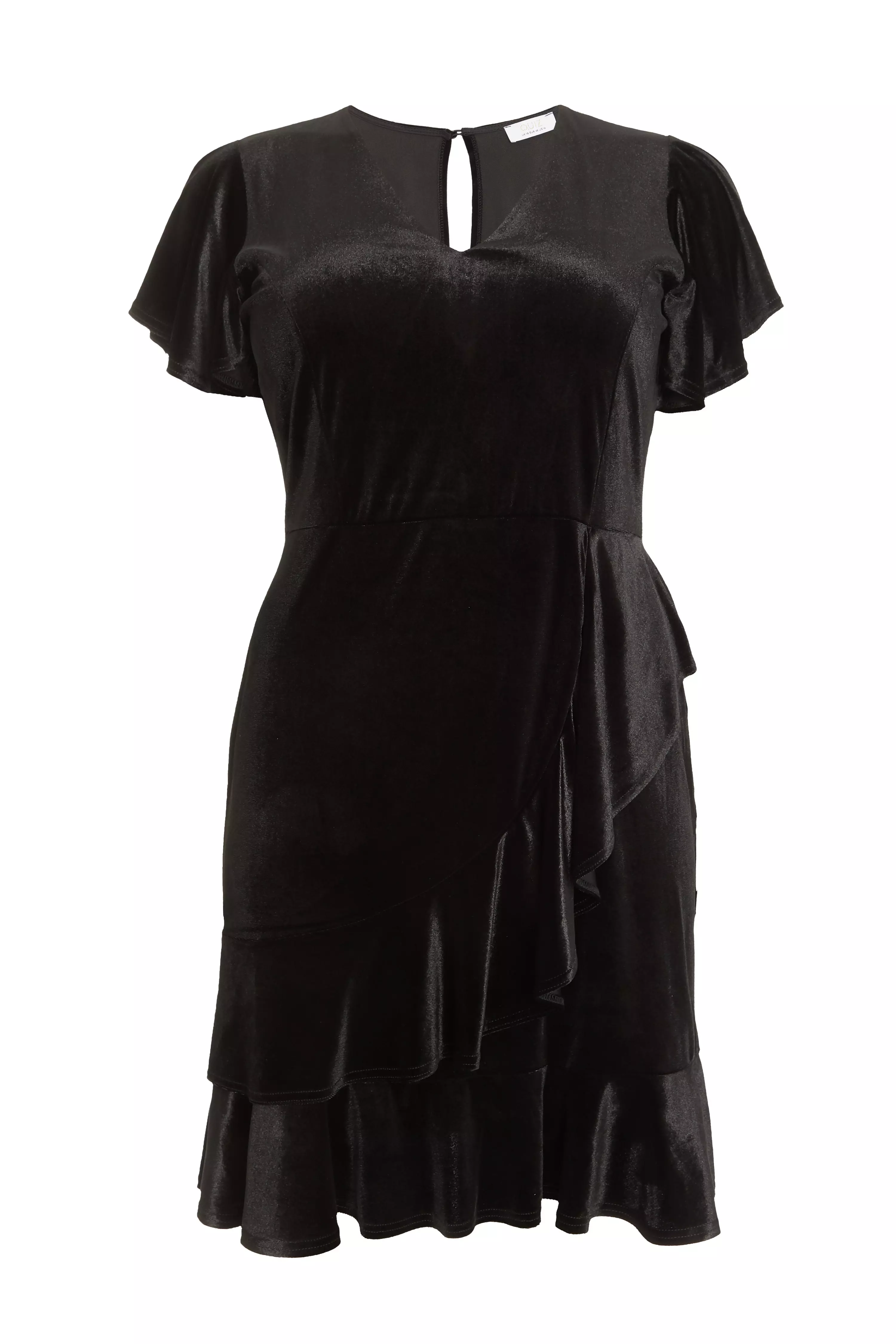 Curve Black Velvet Frill Dress - QUIZ Clothing