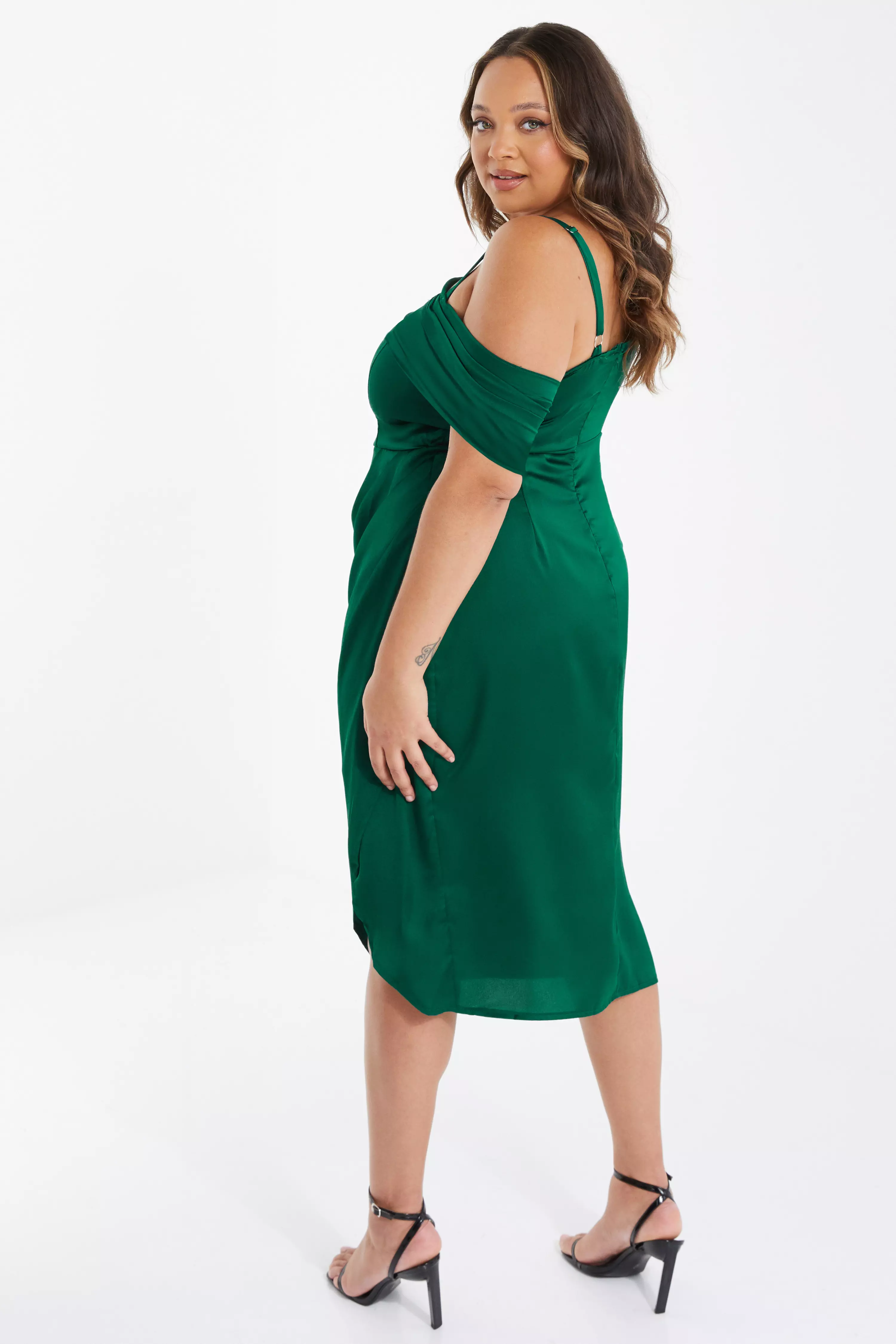 Curve Bottle Green Satin Ruched Midi Dress QUIZ Clothing