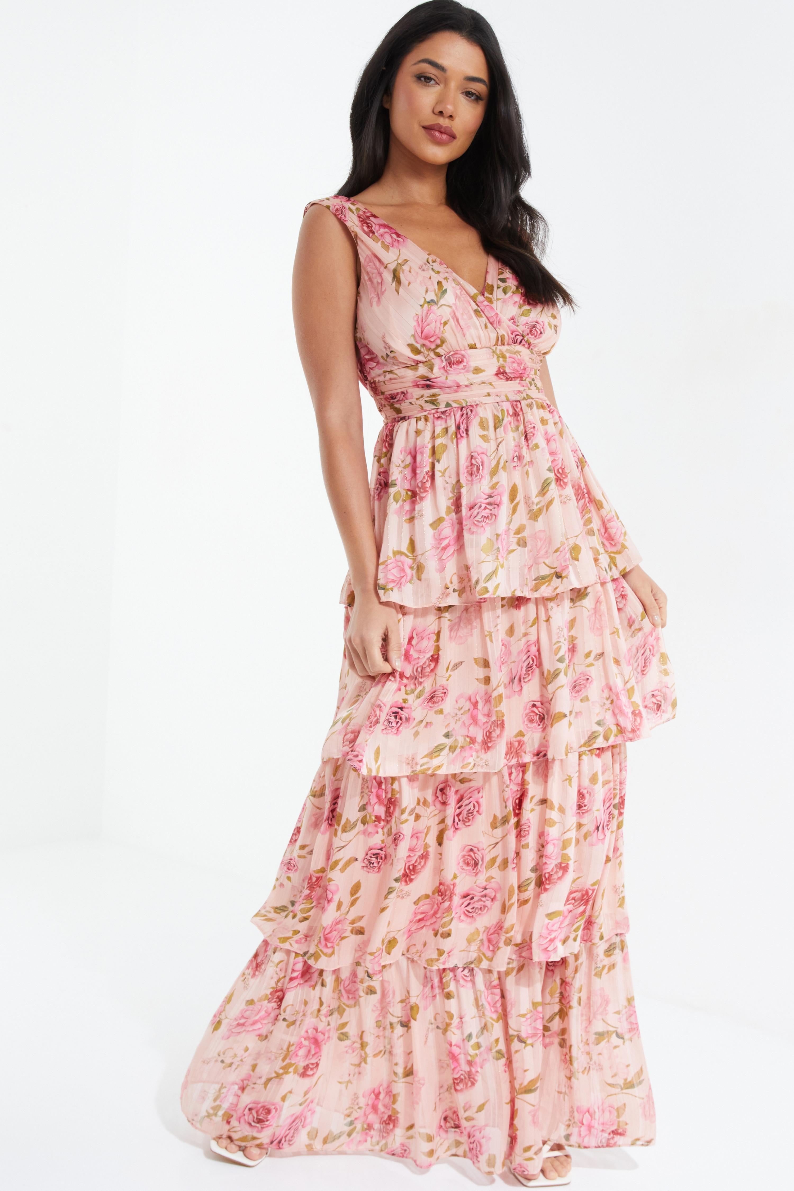 Cream Chiffon Floral Tiered Maxi Dress