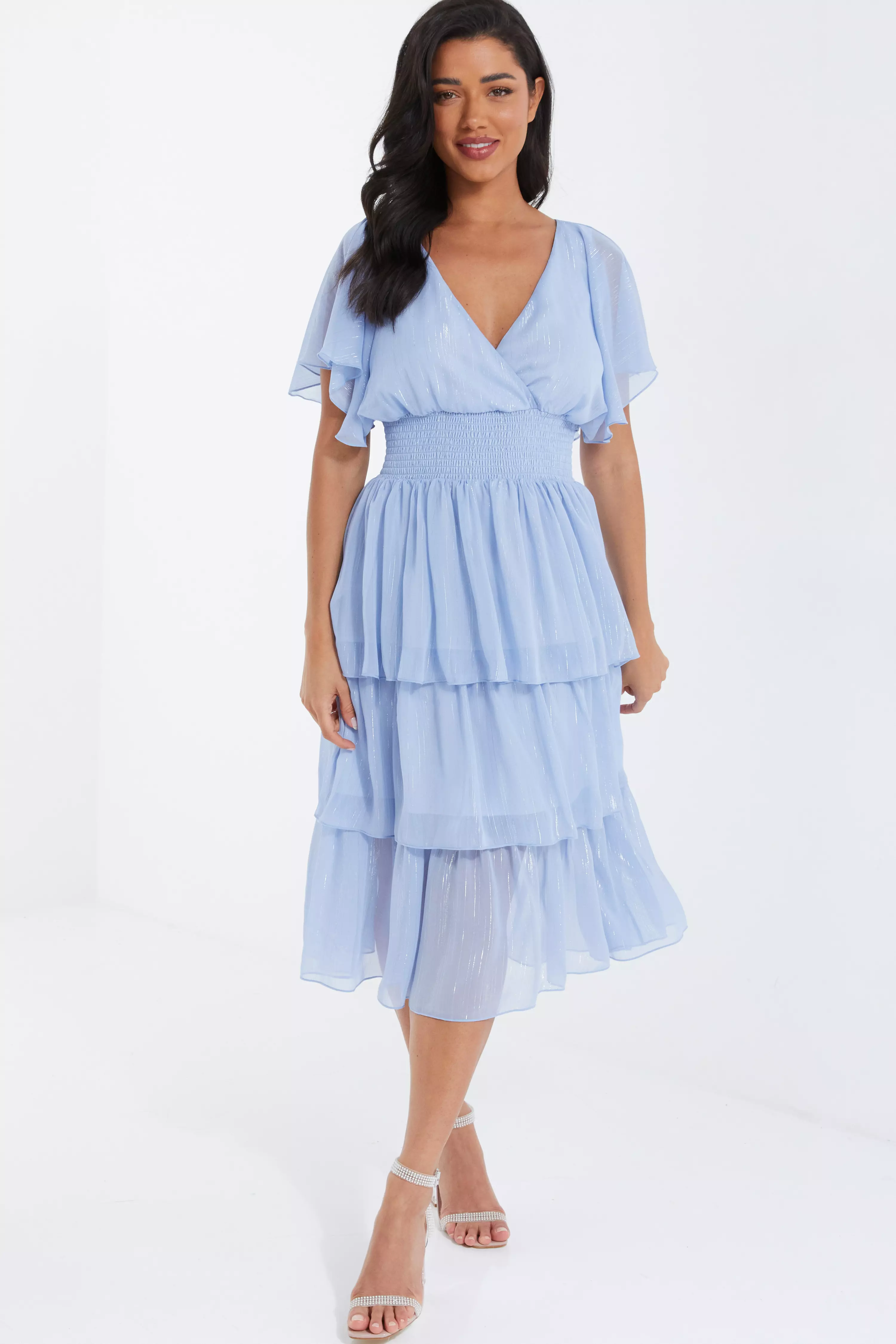 Blue Chiffon Tiered Midi Dress - QUIZ Clothing