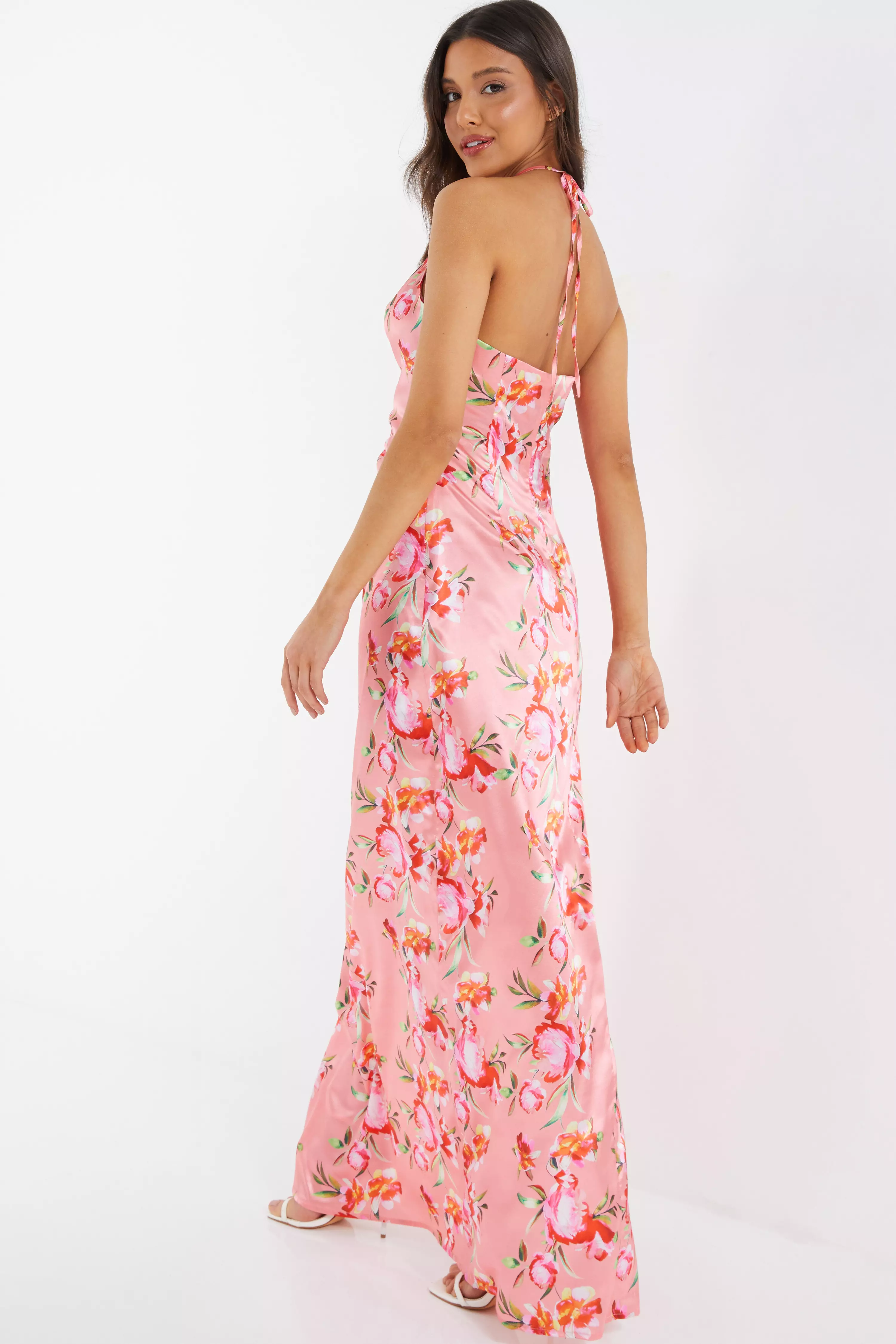 Coral Floral Satin Maxi Dress QUIZ Clothing
