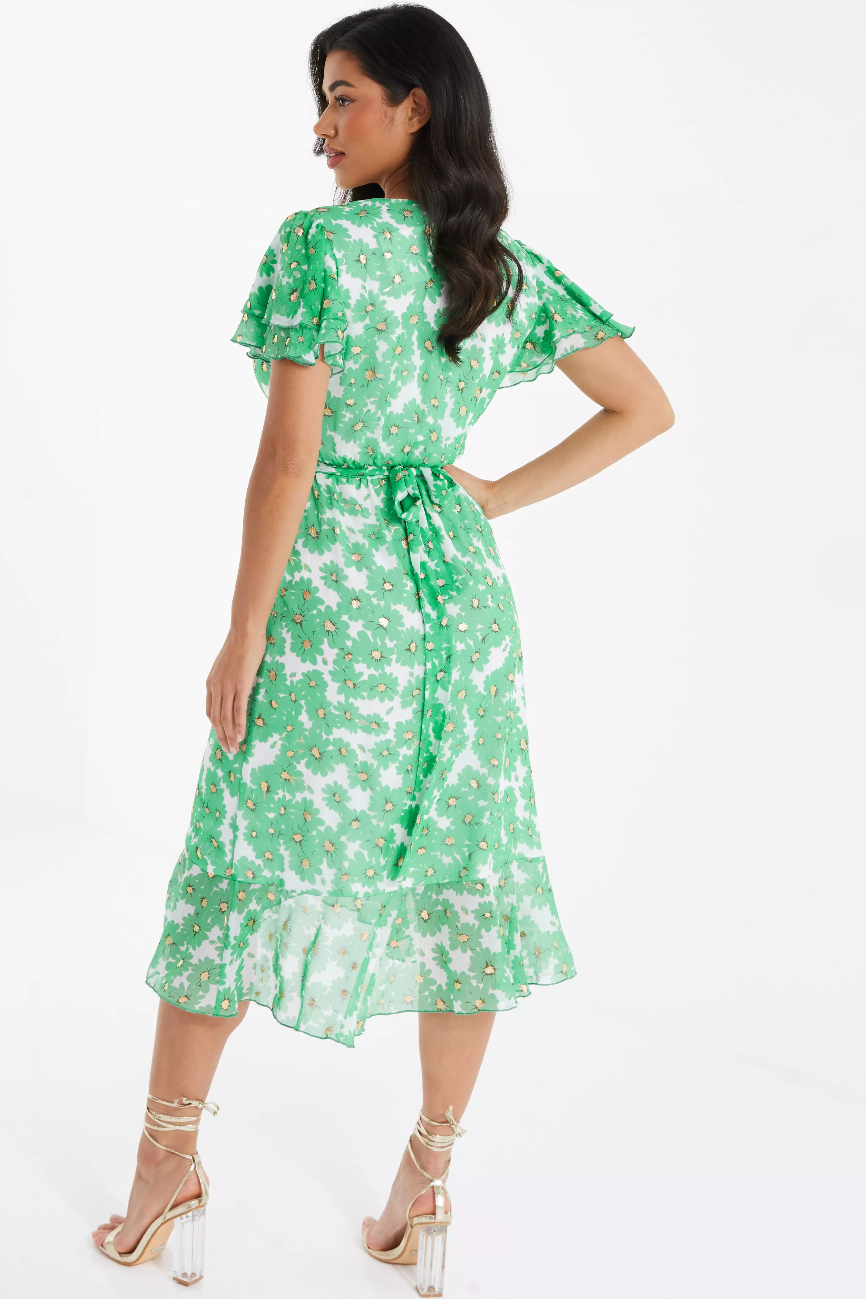 Green Chiffon Floral Wrap Midi Dress QUIZ Clothing
