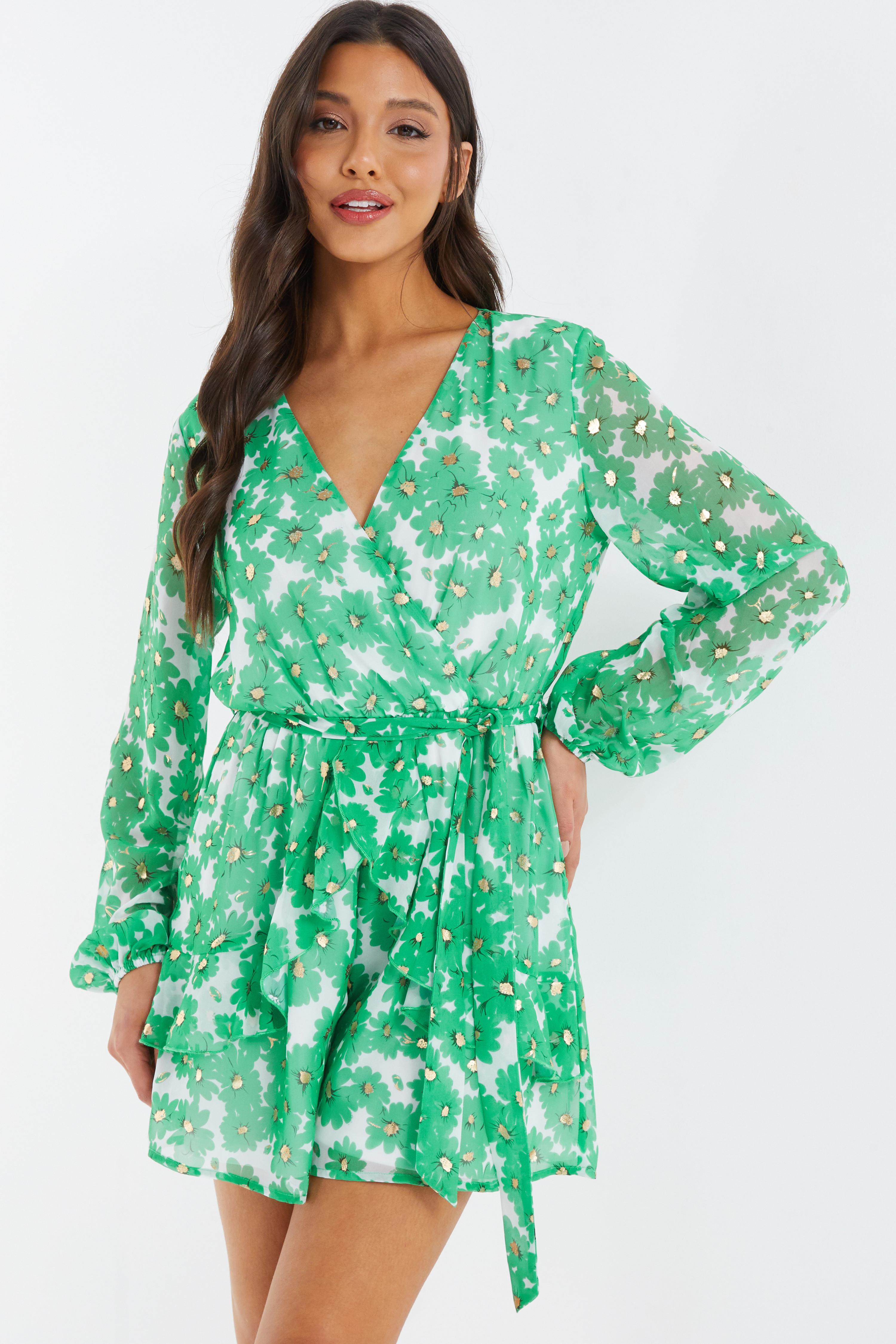 Green Chiffon Floral Wrap Playsuit