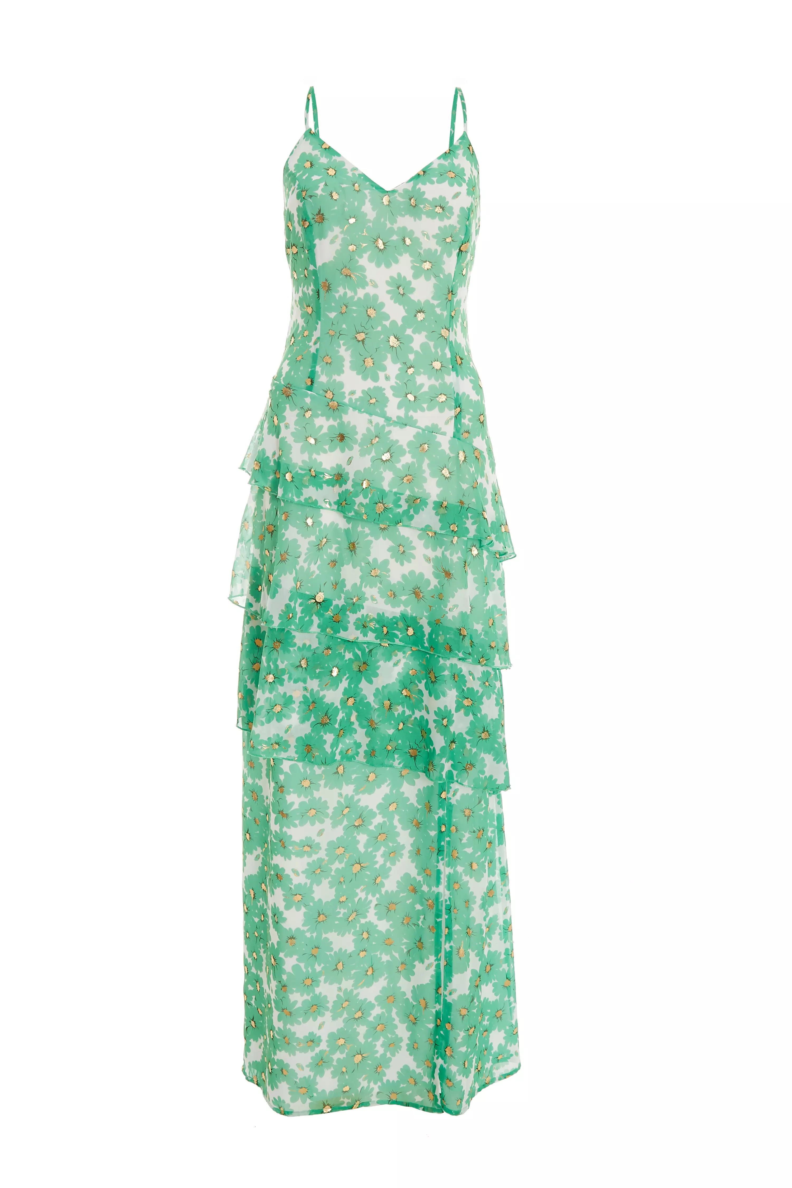 Green Chiffon Floral Tiered Maxi Dress - QUIZ Clothing