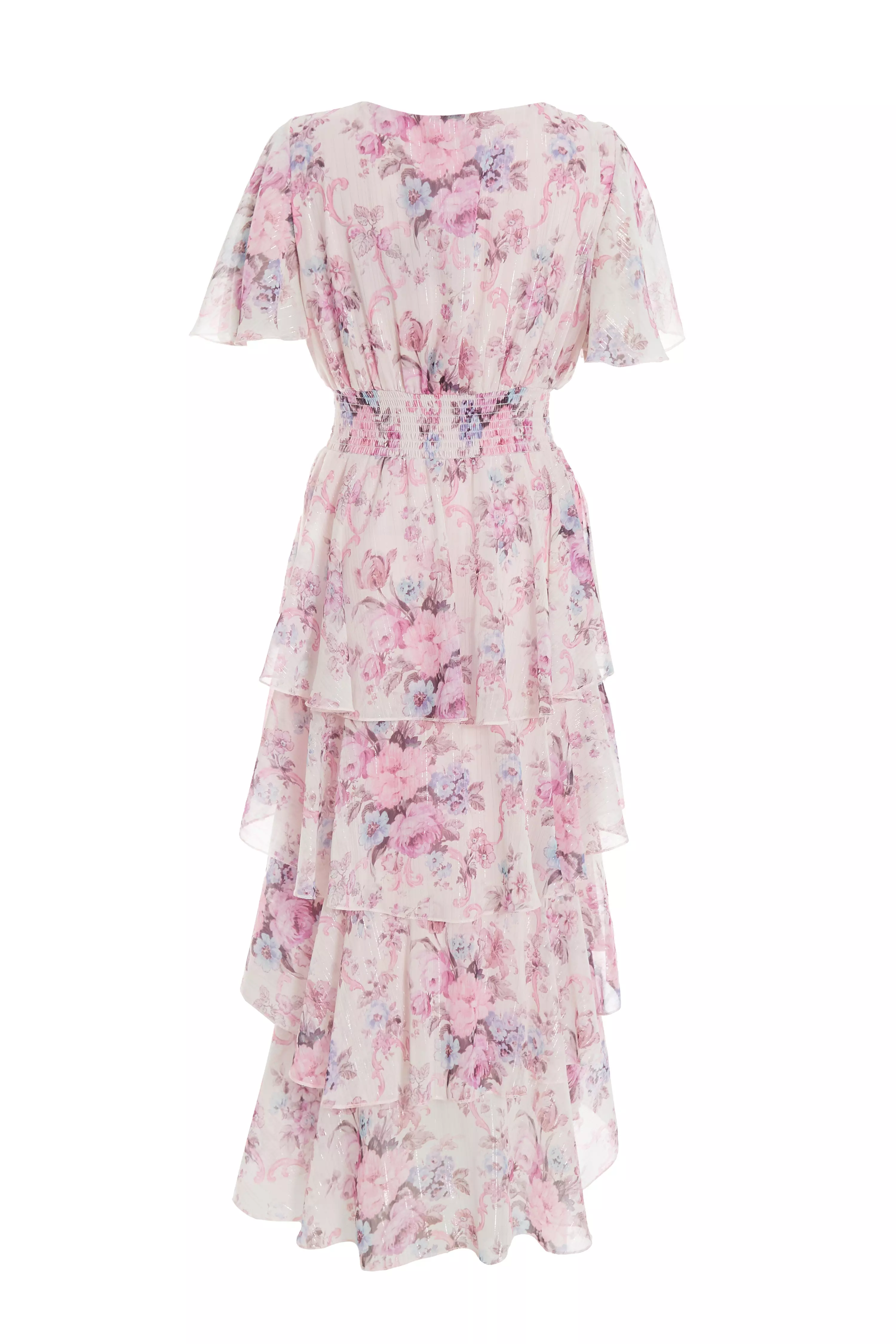 Pink Chiffon Floral Dip Hem Tiered Midi Dress - QUIZ Clothing