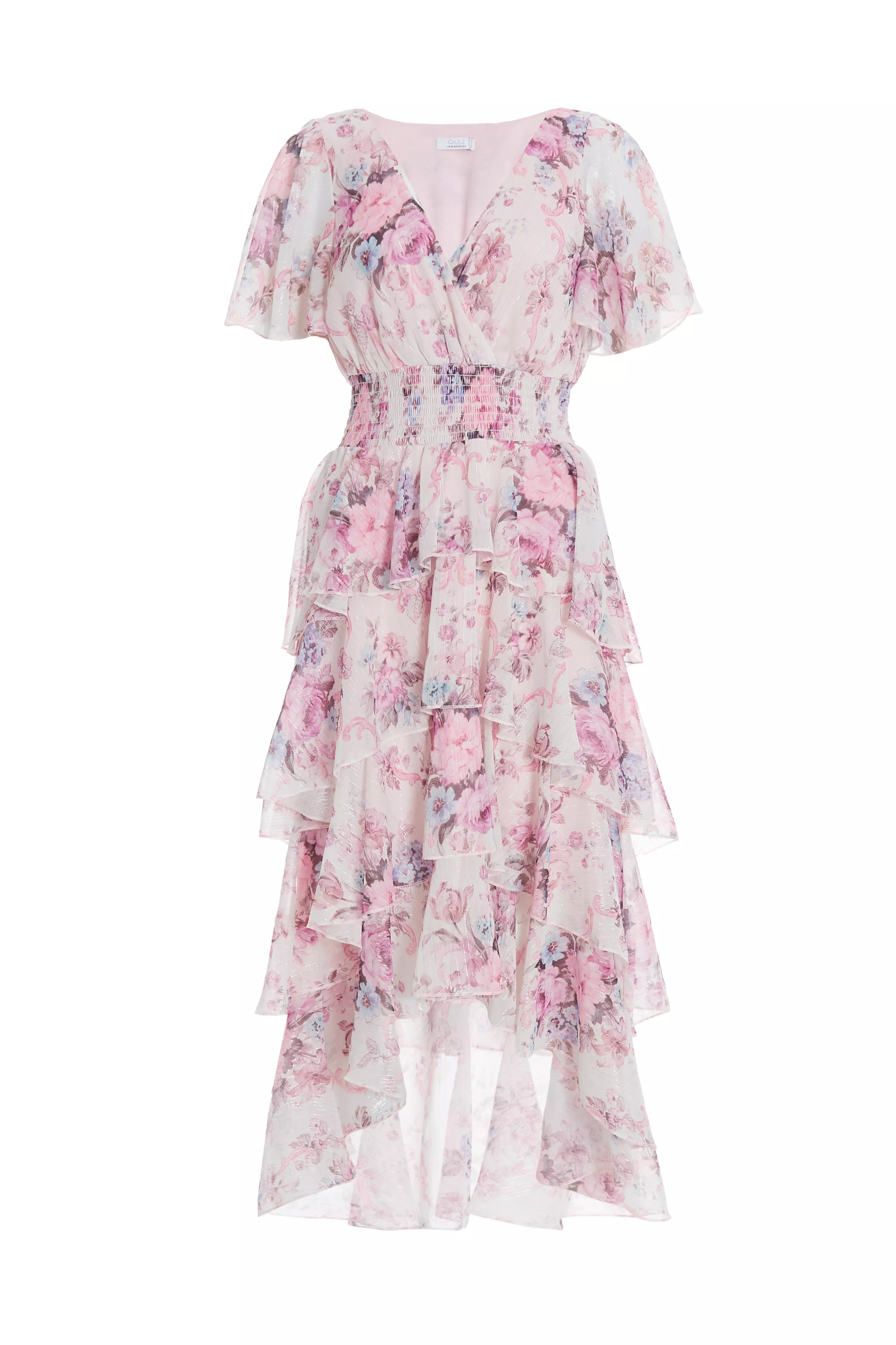 Pink Chiffon Floral Dip Hem Tiered Midi Dress - QUIZ Clothing