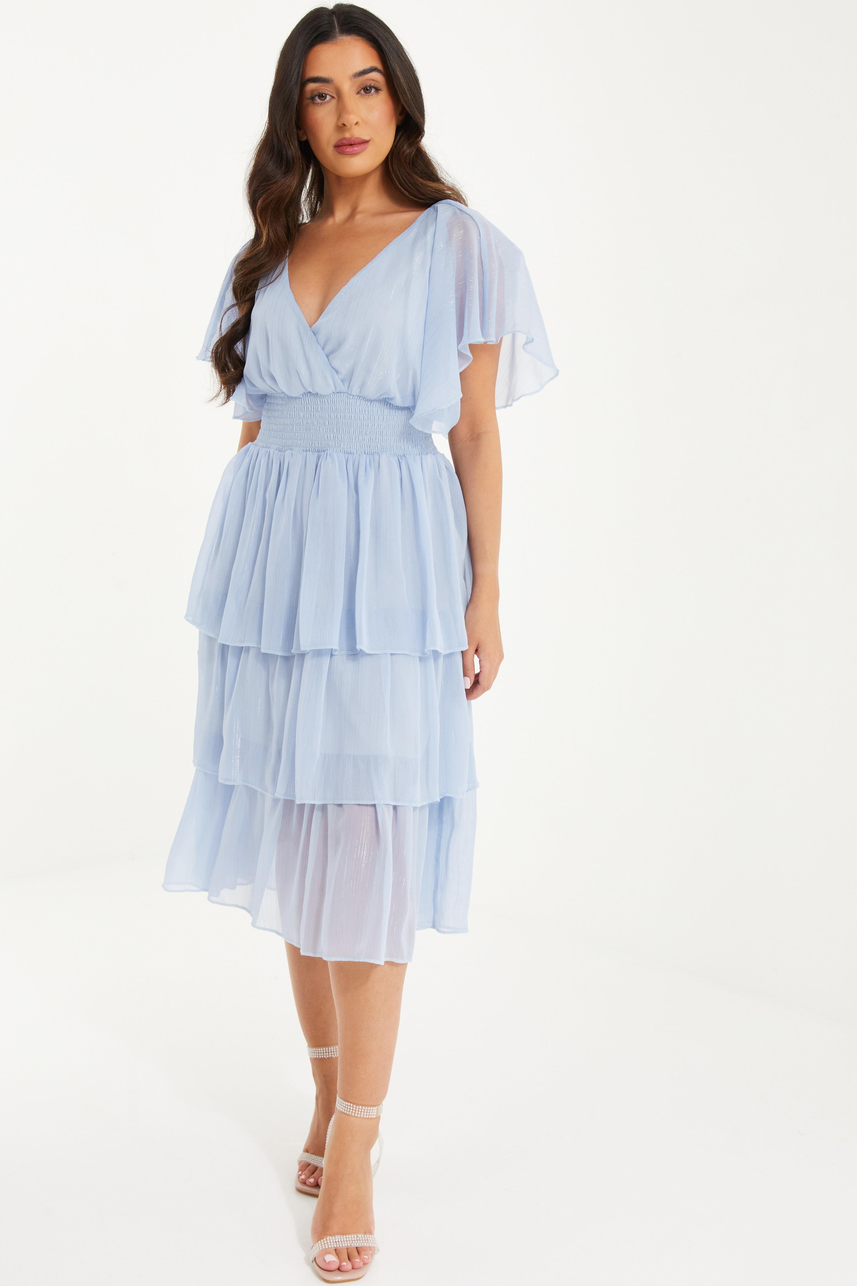 Petite Blue Chiffon Tiered Midi Dress