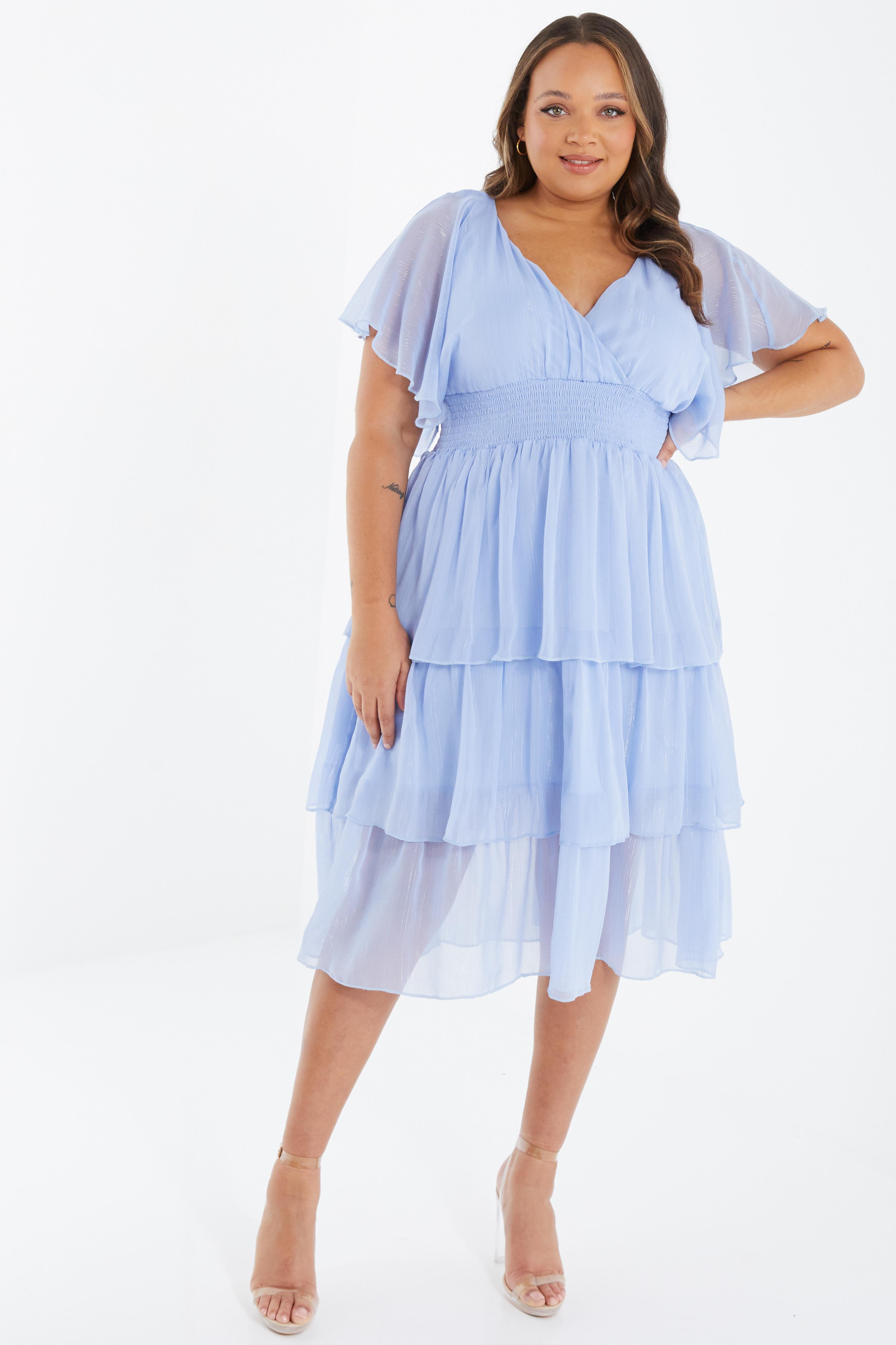 Curve Blue Chiffon Tiered Midi Dress