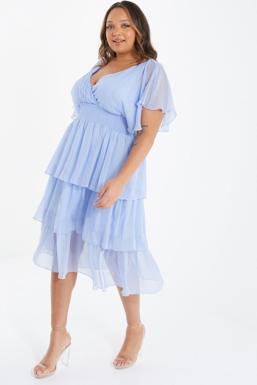 Curve Blue Chiffon Tiered Midi Dress - Quiz Clothing