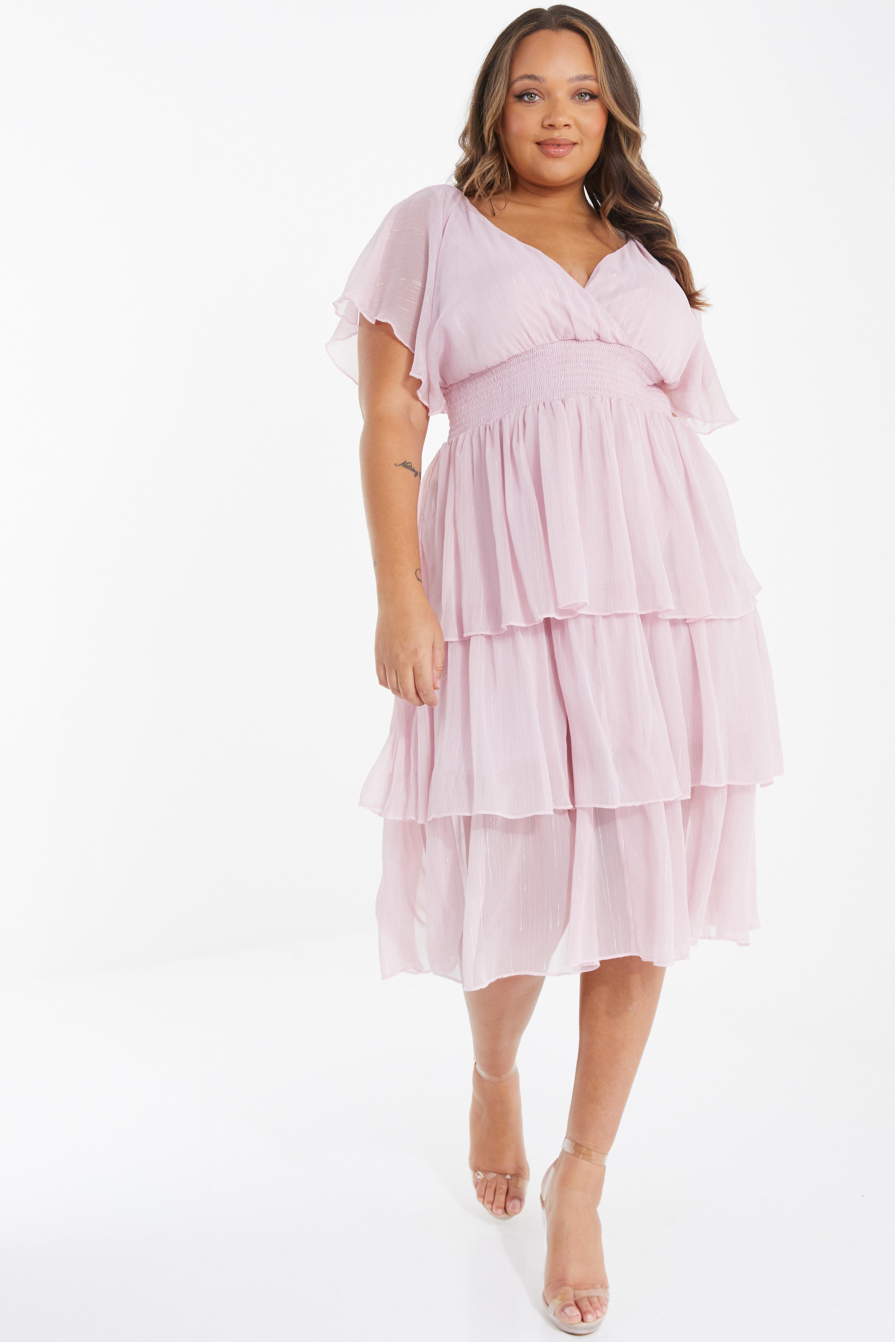 Curve Pink Chiffon Tiered Midi Dress